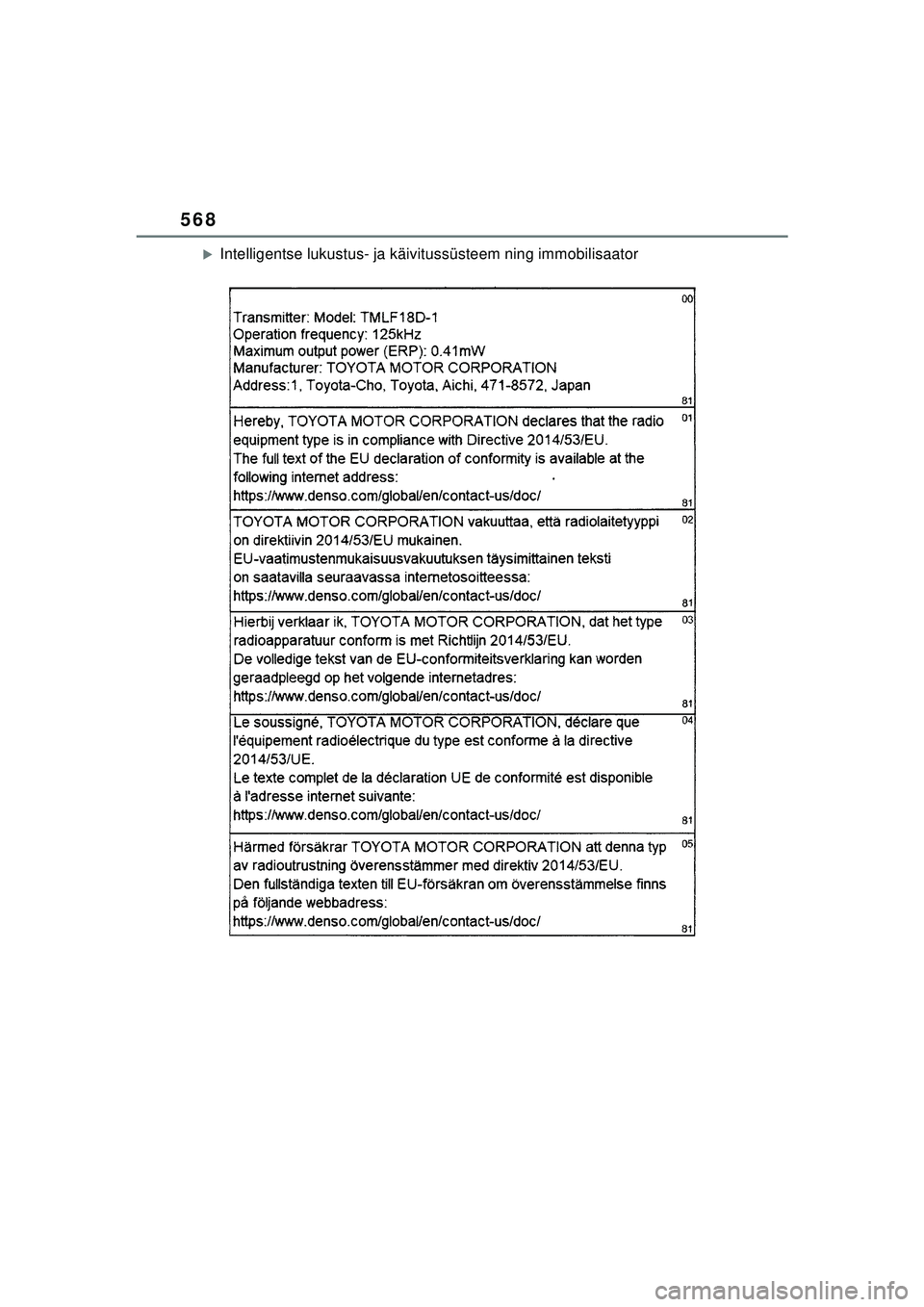 TOYOTA COROLLA 2022  Kasutusjuhend (in Estonian) 568
�XIntelligentse lukustus- ja käivitussüsteem ning immobilisaator
COROLLA(TMMT)_OM_Europe_OM12R42EE_1_2201.book  Page 568  Monday, December 20, 2021  7:23 PM 