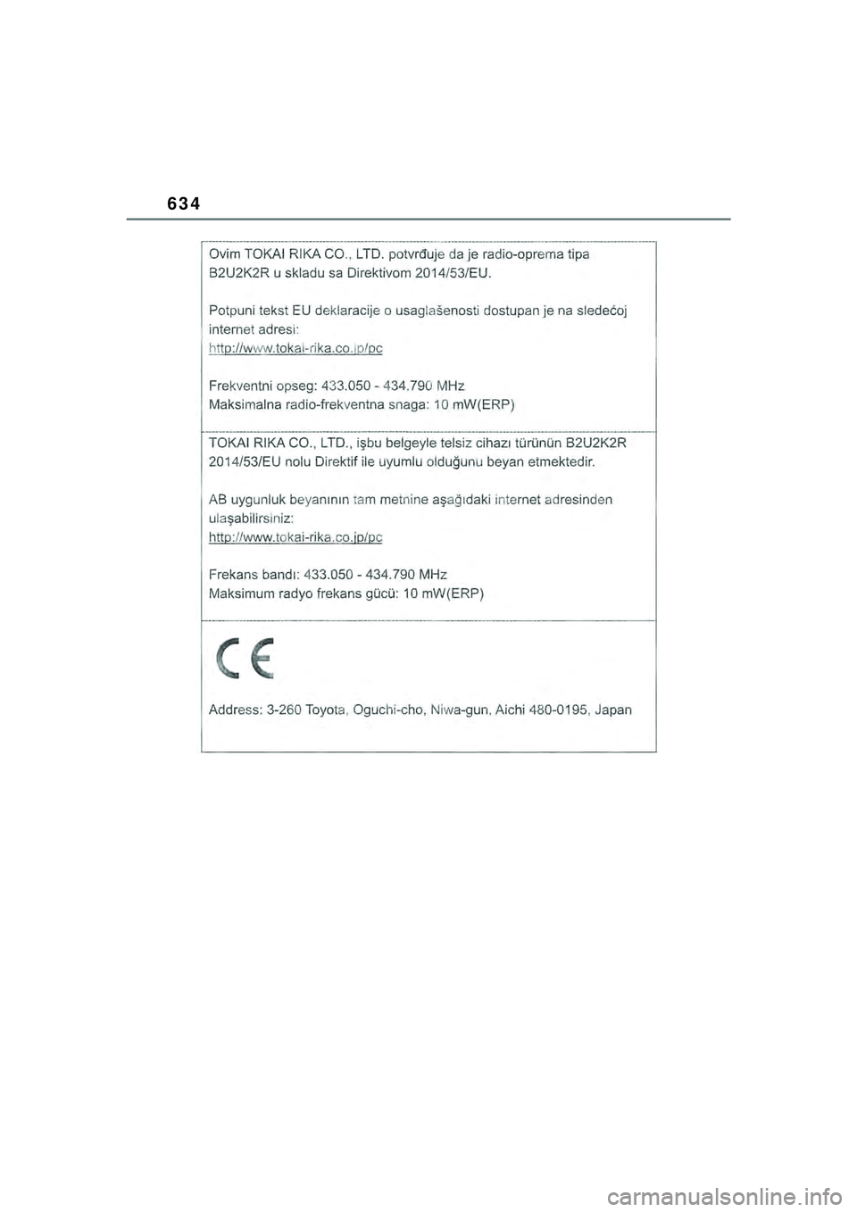 TOYOTA COROLLA 2022 Kasutusjuhend (in Estonian) 634
COROLLA(TMMT)_OM_Europe_OM12R42EE_1_2201.book Page 634 Monday, December 20, 2021 7:23 PM TOYOTA COROLLA 2022 Kasutusjuhend (in Estonian) 634
COROLLA(TMMT)_OM_Europe_OM12R42EE_1_2201.book Page 634 Monday, December 20, 2021 7:23 PM