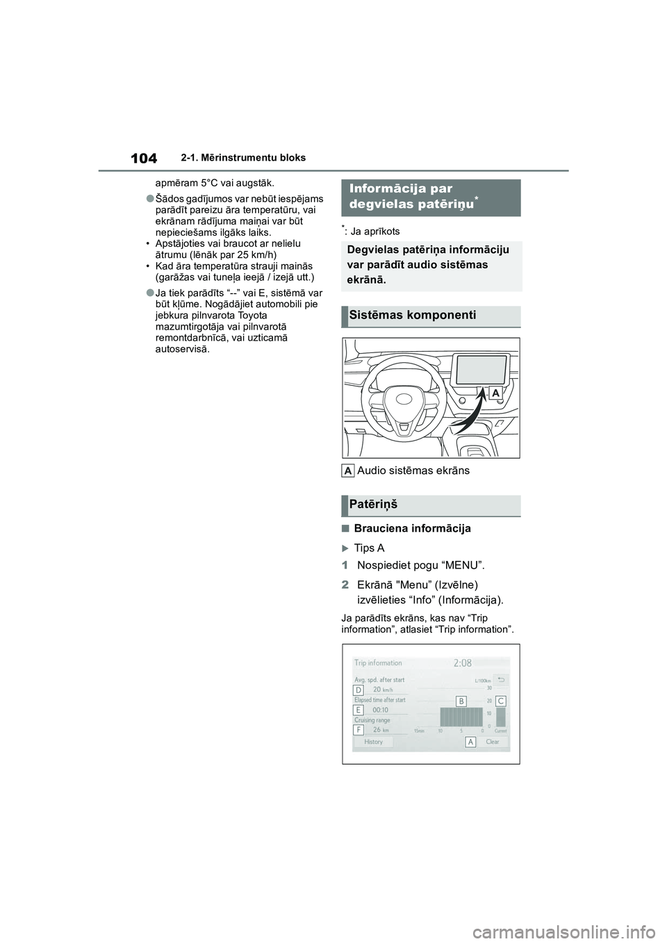 TOYOTA COROLLA 2022 Lietošanas Instrukcija (in Latvian) 1042-1. Mērinstrumentu bloks
apm ēram 5°C vai augst āk.
●Š ādos gadī jumos var neb ūt iesp ējams
par ādīt pareizu āra temperat ūru, vai
ekr ānam r ādījuma mai ņai var b ūt
nepi TOYOTA COROLLA 2022 Lietošanas Instrukcija (in Latvian) 1042-1. Mērinstrumentu bloks
apm ēram 5°C vai augst āk.
●Š ādos gadī jumos var neb ūt iesp ējams
par ādīt pareizu āra temperat ūru, vai
ekr ānam r ādījuma mai ņai var b ūt
nepi