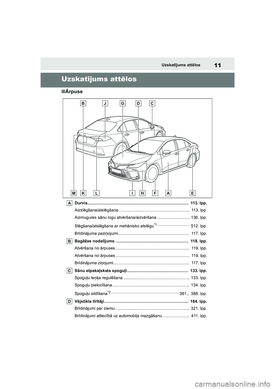TOYOTA COROLLA 2022 Lietošanas Instrukcija (in Latvian) 11Uzskatījums att ēlos
Uzskat ījums att ēlos
■ Ārpuse
Durvis ....................................................................................... 113. lpp.
Aizsl ēgšana/atsl ēgšana .... TOYOTA COROLLA 2022 Lietošanas Instrukcija (in Latvian) 11Uzskatījums att ēlos
Uzskat ījums att ēlos
■ Ārpuse
Durvis ....................................................................................... 113. lpp.
Aizsl ēgšana/atsl ēgšana ....