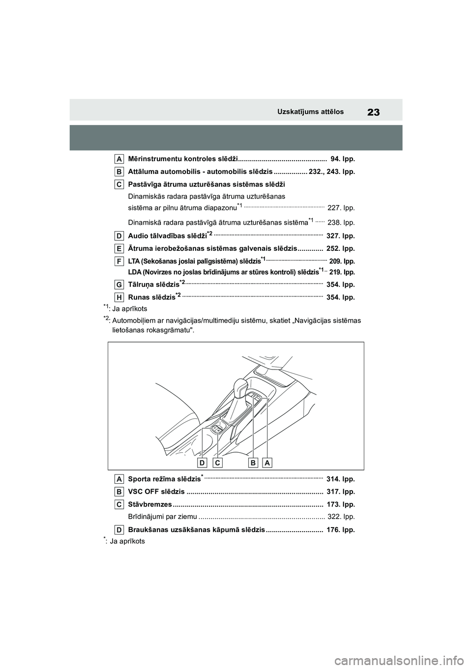 TOYOTA COROLLA 2022 Lietošanas Instrukcija (in Latvian) 23Uzskatījums att ēlos
M ērinstrumentu kontroles sl ēdži............................................. 94. lpp.
Att āluma automobilis - automobilis sl ēdzis ................. 232., 243. lpp.
Pa TOYOTA COROLLA 2022 Lietošanas Instrukcija (in Latvian) 23Uzskatījums att ēlos
M ērinstrumentu kontroles sl ēdži............................................. 94. lpp.
Att āluma automobilis - automobilis sl ēdzis ................. 232., 243. lpp.
Pa