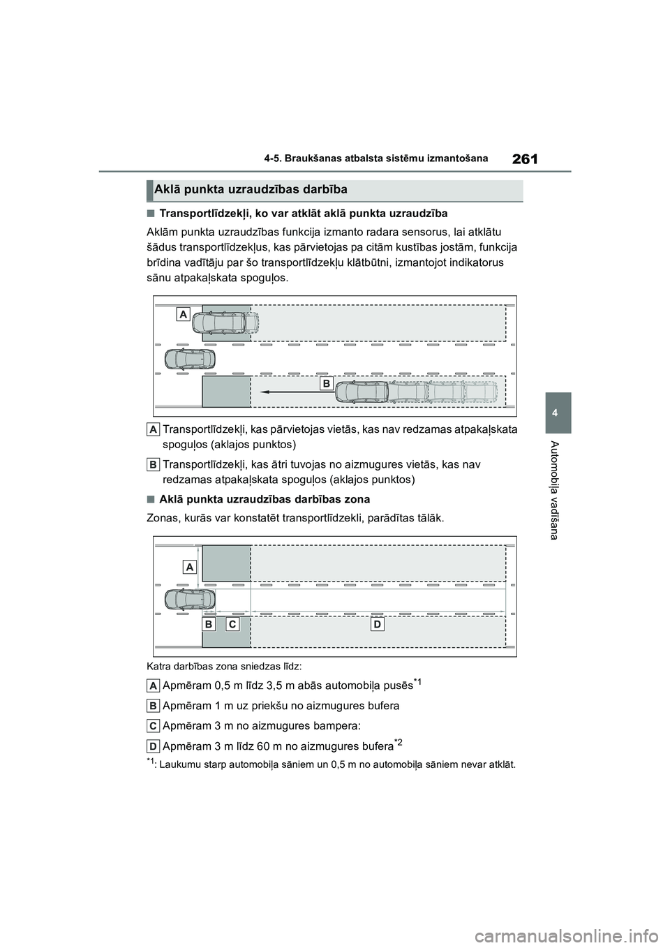 TOYOTA COROLLA 2022 Lietošanas Instrukcija (in Latvian) 261
4
4-5. Braukšanas atbalsta sist
ēmu izmantošana
Automobi ļa vad īšana
■Transportl īdzek ļi, ko var atkl āt akl ā punkta uzraudz ība
Akl ām punkta uzraudz ības funkcija izmanto radar TOYOTA COROLLA 2022 Lietošanas Instrukcija (in Latvian) 261
4
4-5. Braukšanas atbalsta sist
ēmu izmantošana
Automobi ļa vad īšana
■Transportl īdzek ļi, ko var atkl āt akl ā punkta uzraudz ība
Akl ām punkta uzraudz ības funkcija izmanto radar