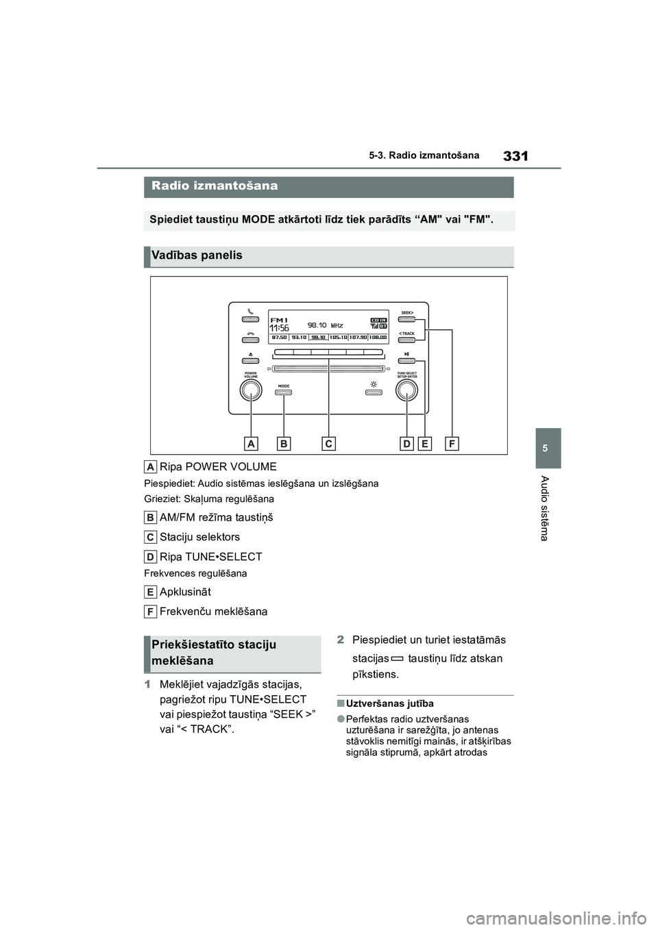 TOYOTA COROLLA 2022  Lietošanas Instrukcija (in Latvian) 331
5
5-3. Radio izmantošana
Audio sist
ēma
5 -3 .Ra dio izm antoš an a
Ripa POWER VOLUME
Piespiediet: Audio sist ēmas iesl ēgšana un izsl ēgšana
Grieziet: Ska ļuma regul ēšana
AM/FM rež 