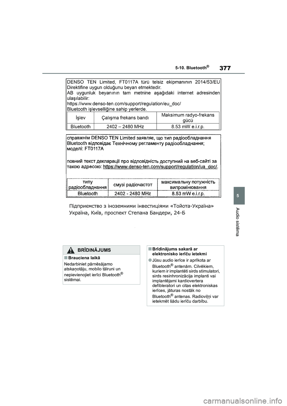 TOYOTA COROLLA 2022  Lietošanas Instrukcija (in Latvian) 377
5
5-10. Bluetooth
®
Audio sist
ēma
BRĪ DINĀ JUMS
■Brauciena laikā
Nedarbiniet p ārn ēsā jamo 
atska ņot āju, mobilo t ālruni un 
nepievienojiet ier īci Bluetooth
® 
sist ēmai.
■B