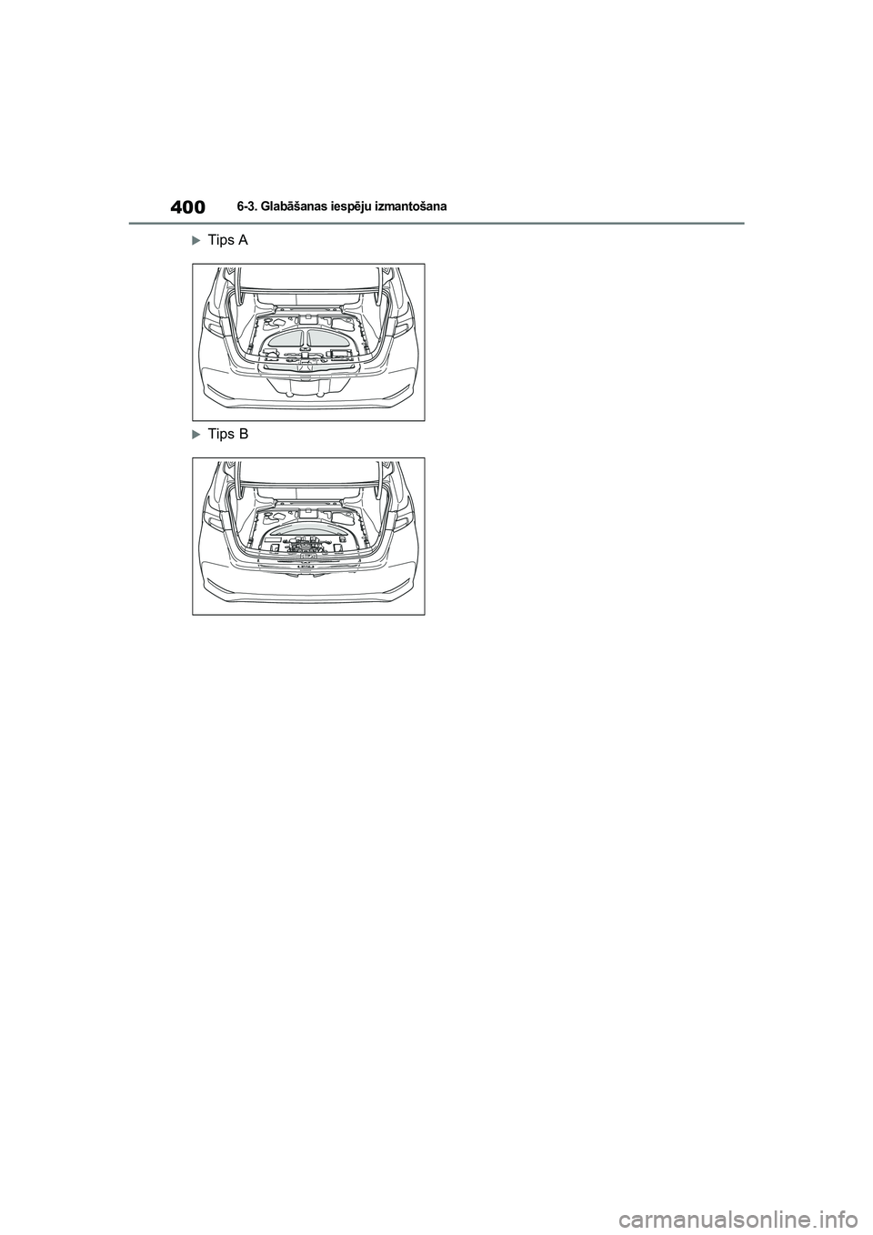 TOYOTA COROLLA 2022  Lietošanas Instrukcija (in Latvian) 4006-3. Glabāšanas iesp ēju izmantošana
�XTips A
�XTips B
COROLLA(TMMT)_OM_Europe_OM12R42LV_1_2201.book  Page 400  Sunday, December 19, 2021  7:26 PM 