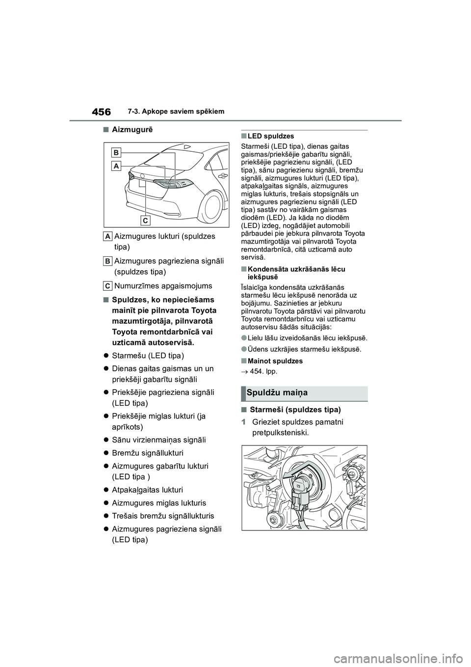 TOYOTA COROLLA 2022  Lietošanas Instrukcija (in Latvian) 4567-3. Apkope saviem spēkiem
■Aizmugur ē
Aizmugures lukturi (spuldzes 
tipa)
Aizmugures pagrieziena sign āli 
(spuldzes tipa)
Numurz īmes apgaismojums
■Spuldzes, ko nepieciešams 
main īt pi