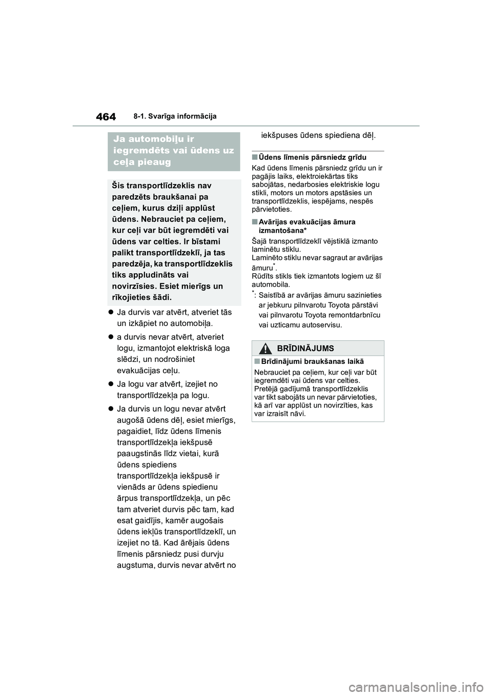 TOYOTA COROLLA 2022  Lietošanas Instrukcija (in Latvian) 4648-1. Svarīga inform ācija
 Ja durvis var atv ērt, atveriet t ās 
un izk āpiet no automobi ļa.
 a durvis nevar atv ērt, atveriet 
logu, izmantojot elektrisk ā loga 
sl ēdzi, un nodro
