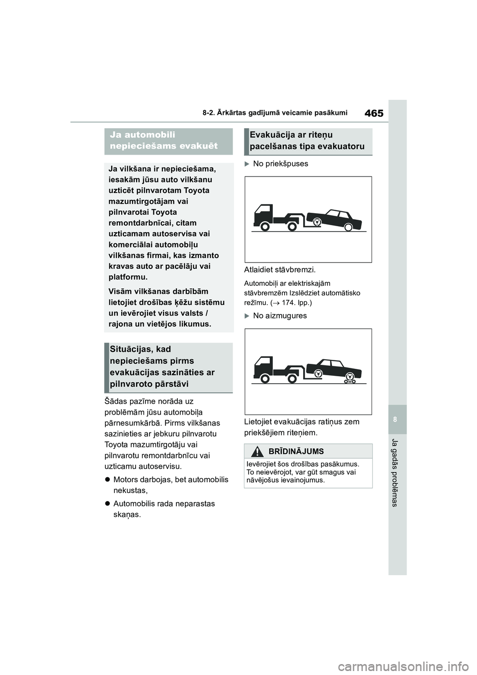 TOYOTA COROLLA 2022  Lietošanas Instrukcija (in Latvian) 465
8
8-2. 
Ārk ārtas gad ījum ā veicamie pas ākumi
Ja gad ās probl ēmas
8-2. Ārk ārt as  ga d ījum ā v e ica m ie  p as āku m i
Š ādas paz īme nor āda uz 
probl ēm ām j ūsu automob