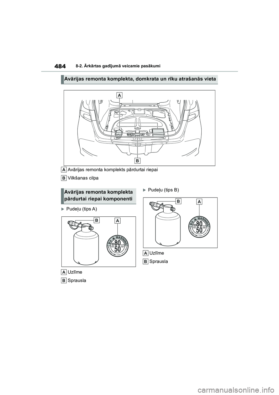 TOYOTA COROLLA 2022  Lietošanas Instrukcija (in Latvian) 4848-2. Ārk ārtas gad ījum ā veicamie pas ākumi
Av ārijas remonta komplekts p ārdurtai riepai
Vilkšanas cilpa
�XPude ļu (tips A)
Uzl īme
Sprausla
�XPude ļu (tips B)
Uzl īme
Sprausla
Av ār