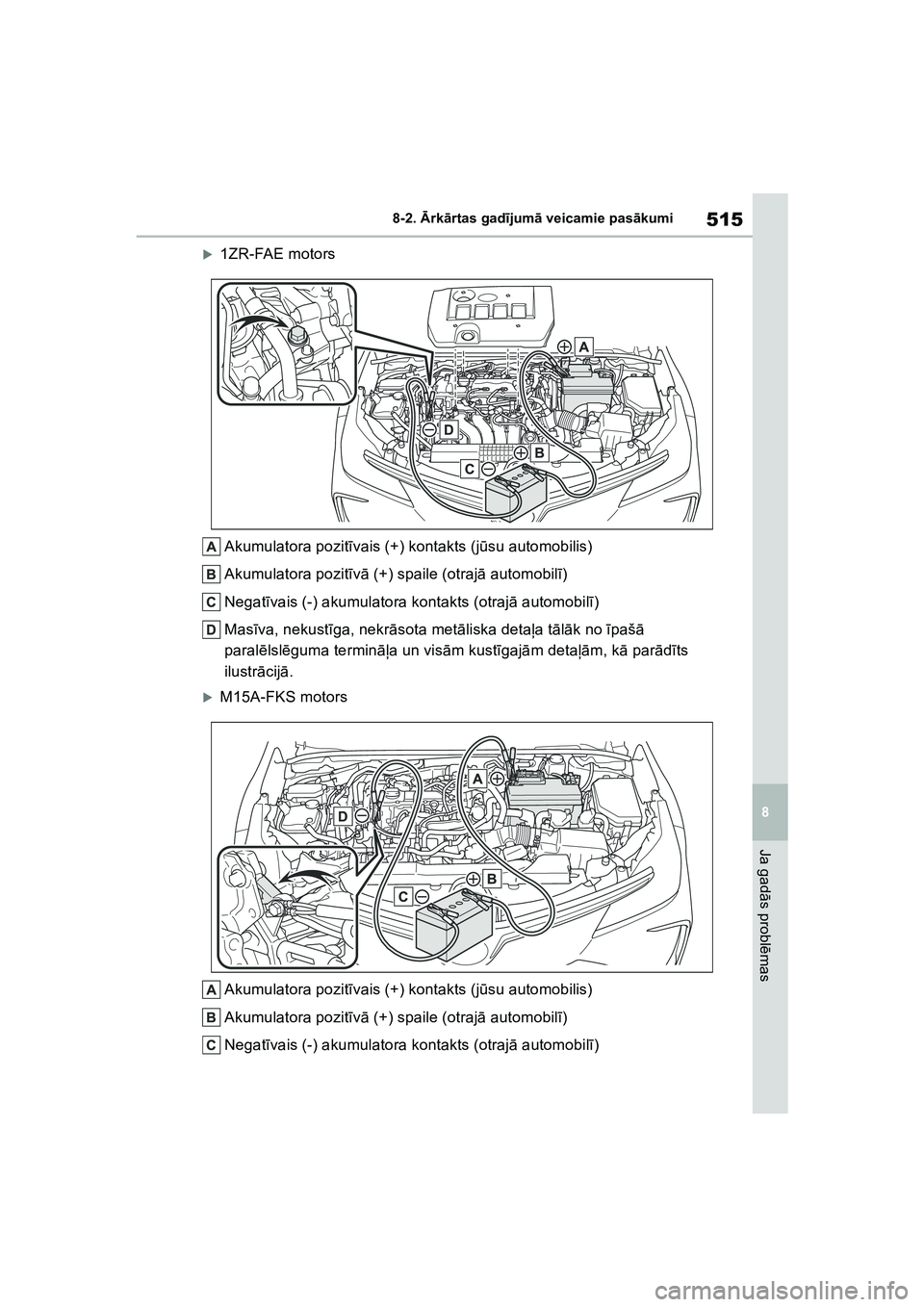 TOYOTA COROLLA 2022  Lietošanas Instrukcija (in Latvian) 515
8
8-2. 
Ārk ārtas gad ījum ā veicamie pas ākumi
Ja gad ās probl ēmas
�X1ZR-FAE motors
Akumulatora pozit īvais (+) kontakts (j ūsu automobilis)
Akumulatora pozit īv ā  (+) spaile (otraj 