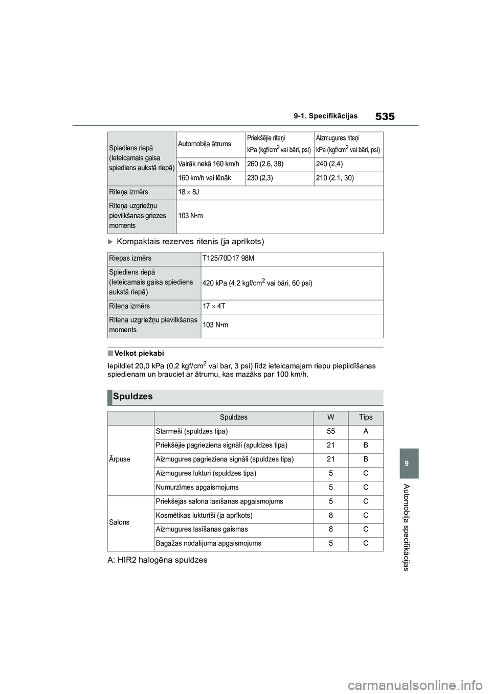 TOYOTA COROLLA 2022  Lietošanas Instrukcija (in Latvian) 535
9
9-1. Specifik
ācijas
Automobi ļa specifik ācijas
�XKompaktais rezerves ritenis (ja apr īkots)
■Velkot piekabi
Iepildiet 20,0 kPa (0,2 kgf/cm
2 vai bar, 3 psi) l īdz ieteicamajam riepu pie
