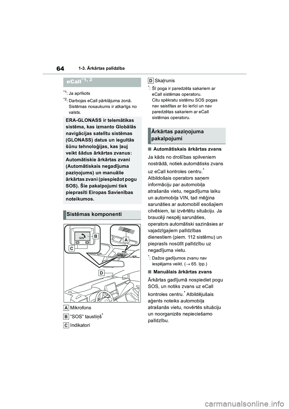 TOYOTA COROLLA 2022 Lietošanas Instrukcija (in Latvian) 641-3. Ārk ārtas pal īdz ība
1-3. Ārk ārt as pa l īdz ība
*1: Ja apr īkots
*2: Darbojas eCall p ārkl ājuma zon ā.
Sist ēmas nosaukums ir atkar īgs no
valsts.
Mikrofons
“SOS” taust TOYOTA COROLLA 2022 Lietošanas Instrukcija (in Latvian) 641-3. Ārk ārtas pal īdz ība
1-3. Ārk ārt as pa l īdz ība
*1: Ja apr īkots
*2: Darbojas eCall p ārkl ājuma zon ā.
Sist ēmas nosaukums ir atkar īgs no
valsts.
Mikrofons
“SOS” taust