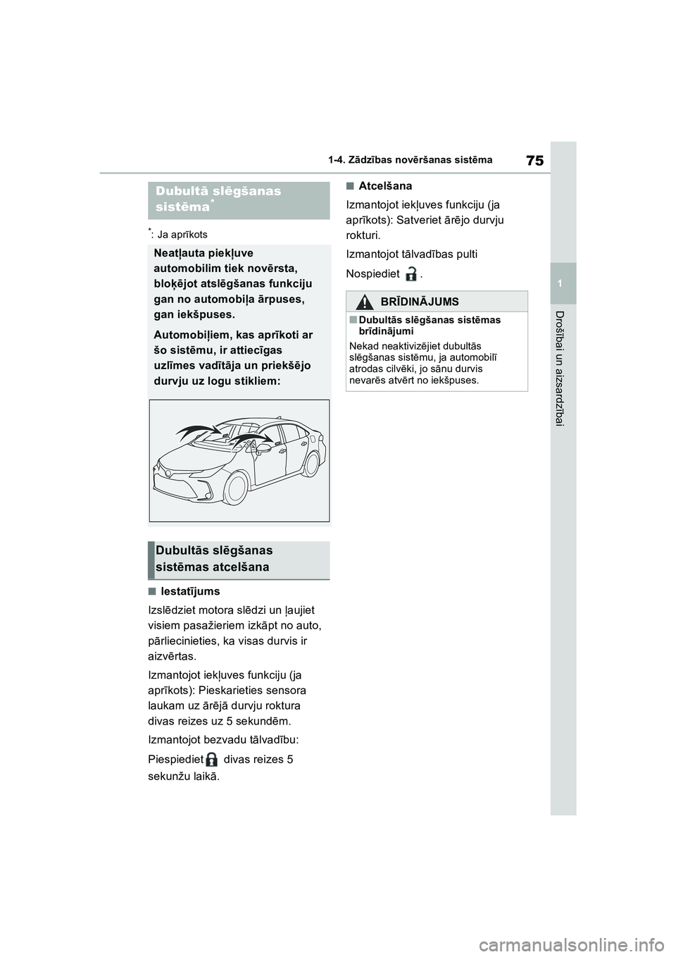 TOYOTA COROLLA 2022 Lietošanas Instrukcija (in Latvian) 75
1
1-4. Z
ādz ības nov ēršanas sist ēma
Droš ībai un aizsardz ībai
*: Ja apr īkots
■Iestat ījums
Izsl ēdziet motora sl ēdzi un ļ aujiet
visiem pasažieriem izk āpt no auto,
p ārli TOYOTA COROLLA 2022 Lietošanas Instrukcija (in Latvian) 75
1
1-4. Z
ādz ības nov ēršanas sist ēma
Droš ībai un aizsardz ībai
*: Ja apr īkots
■Iestat ījums
Izsl ēdziet motora sl ēdzi un ļ aujiet
visiem pasažieriem izk āpt no auto,
p ārli
