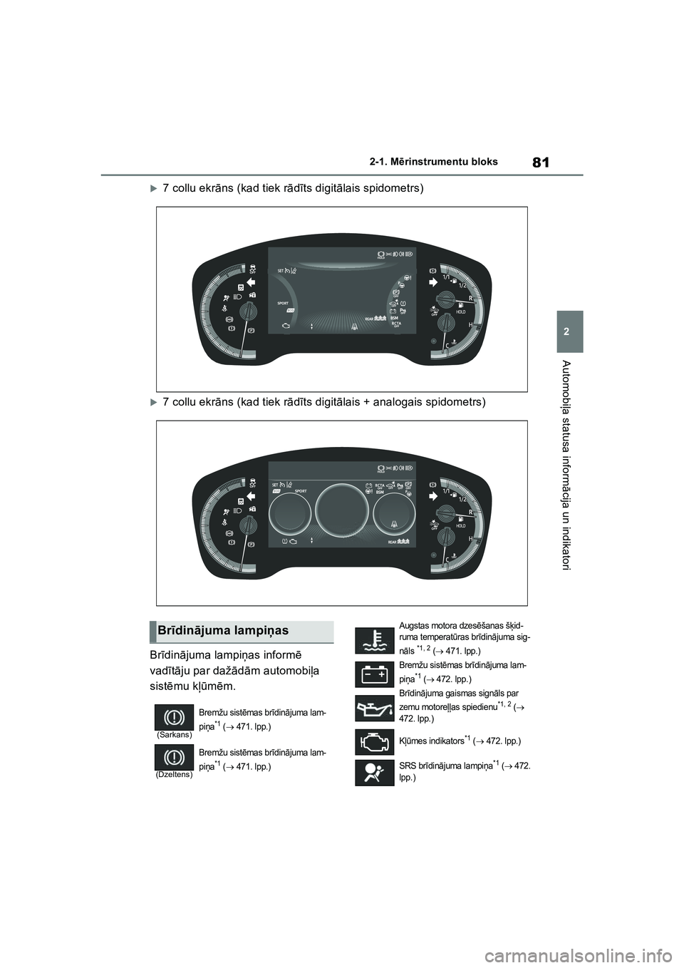 TOYOTA COROLLA 2022  Lietošanas Instrukcija (in Latvian) 81
2
2-1. M
ērinstrumentu bloks
Automobi ļa statusa inform ācija un indikatori
�X7 collu ekr āns (kad tiek r ādīts digit ālais spidometrs)
�X7 collu ekr āns (kad tiek r ādīts digit ālais + 