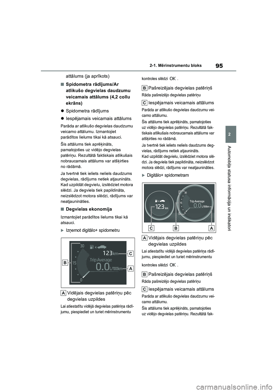 TOYOTA COROLLA 2022  Lietošanas Instrukcija (in Latvian) 95
2
2-1. M
ērinstrumentu bloks
Automobi ļa statusa inform ācija un indikatori
att ālums (ja apr īkots)
■Spidometra r ād ījums/Ar 
atlikušo degvielas daudzumu 
veicamais att ālums (4,2 coll