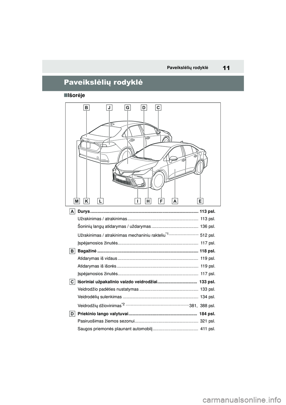 TOYOTA COROLLA 2022 Eksploatavimo vadovas (in Lithuanian) 11Paveikslėli ų rodykl ė
Paveiksl ėlių rodykl ė
■Išor ėje
Durys .......................................................................................... 113 psl.
Užrakinimas / atrakinim TOYOTA COROLLA 2022 Eksploatavimo vadovas (in Lithuanian) 11Paveikslėli ų rodykl ė
Paveiksl ėlių rodykl ė
■Išor ėje
Durys .......................................................................................... 113 psl.
Užrakinimas / atrakinim