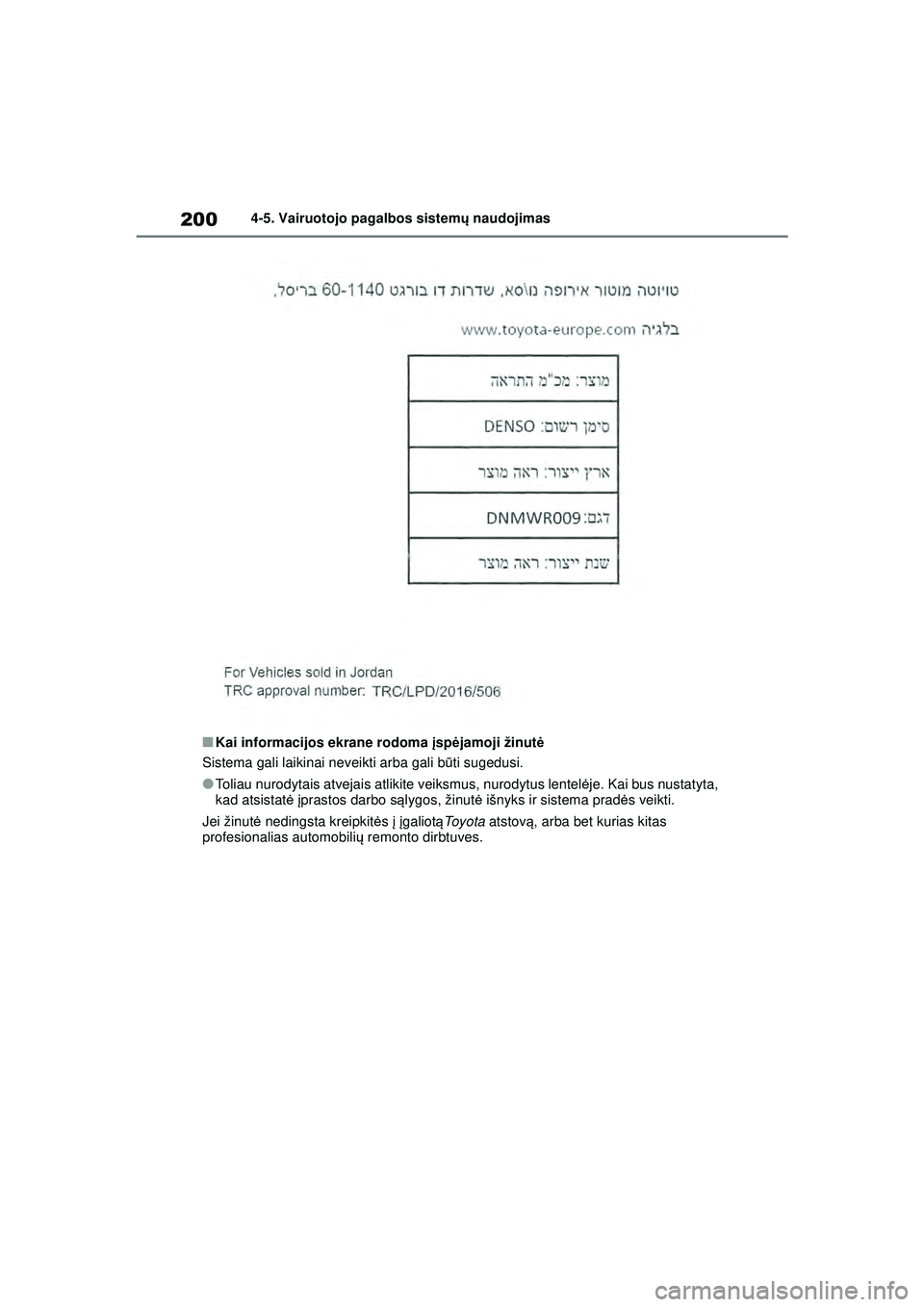 TOYOTA COROLLA 2022 Eksploatavimo vadovas (in Lithuanian) 2004-5. Vairuotojo pagalbos sistemų naudojimas
■Kai informacijos ekrane rodoma į spėjamoji žinut ė
Sistema gali laikinai neveikti arba gali b ūti sugedusi.
●Toliau nurodytais atvejais atliki TOYOTA COROLLA 2022 Eksploatavimo vadovas (in Lithuanian) 2004-5. Vairuotojo pagalbos sistemų naudojimas
■Kai informacijos ekrane rodoma į spėjamoji žinut ė
Sistema gali laikinai neveikti arba gali b ūti sugedusi.
●Toliau nurodytais atvejais atliki