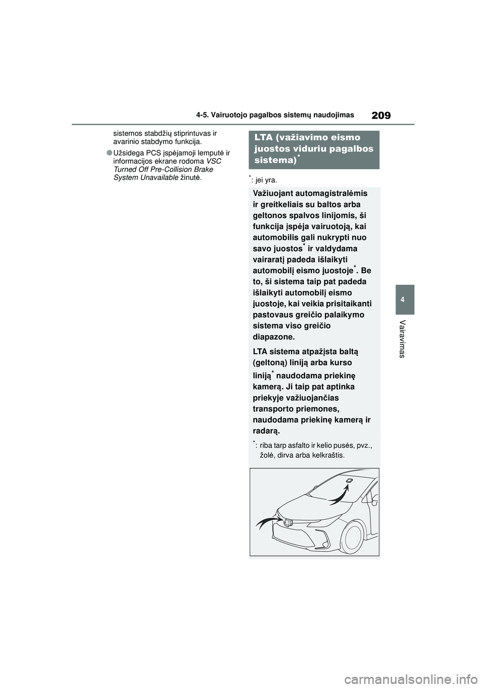 TOYOTA COROLLA 2022 Eksploatavimo vadovas (in Lithuanian) 209
4
4-5. Vairuotojo pagalbos sistem
ų naudojimas
Vairavimas
sistemos stabdži ų stiprintuvas ir
avarinio stabdymo funkcija.
●Užsidega PCS įsp ėjamoji lemput ė ir
informacijos ekrane rodom TOYOTA COROLLA 2022 Eksploatavimo vadovas (in Lithuanian) 209
4
4-5. Vairuotojo pagalbos sistem
ų naudojimas
Vairavimas
sistemos stabdži ų stiprintuvas ir
avarinio stabdymo funkcija.
●Užsidega PCS įsp ėjamoji lemput ė ir
informacijos ekrane rodom