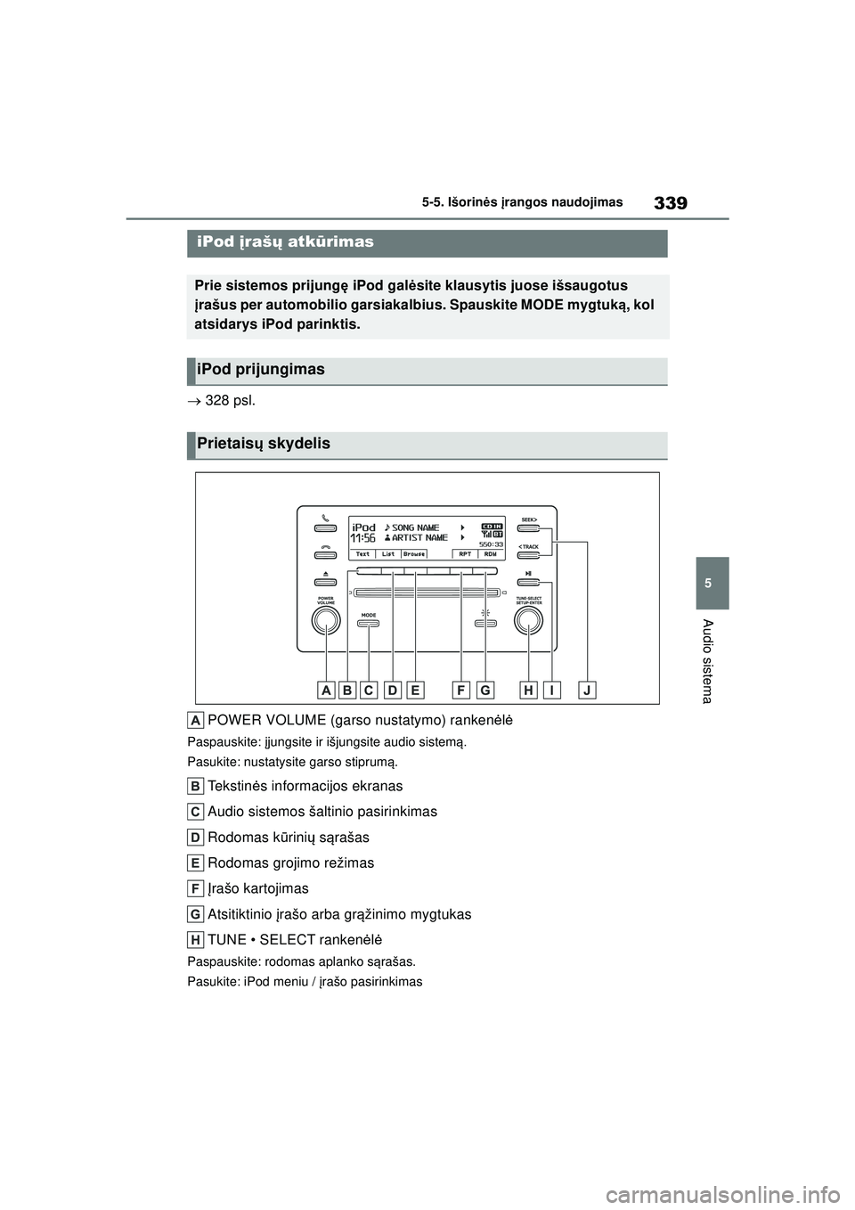 TOYOTA COROLLA 2022 Eksploatavimo vadovas (in Lithuanian) 339
5
5-5. Išorin
ės įrangos naudojimas
Audio sistema
5-5.Išorin ės įra ngos na udoji ma s
328 psl.
POWER VOLUME (garso nustatymo) ranken ėlė
Paspauskite: įjungsite ir išjungsite au TOYOTA COROLLA 2022 Eksploatavimo vadovas (in Lithuanian) 339
5
5-5. Išorin
ės įrangos naudojimas
Audio sistema
5-5.Išorin ės įra ngos na udoji ma s
328 psl.
POWER VOLUME (garso nustatymo) ranken ėlė
Paspauskite: įjungsite ir išjungsite au