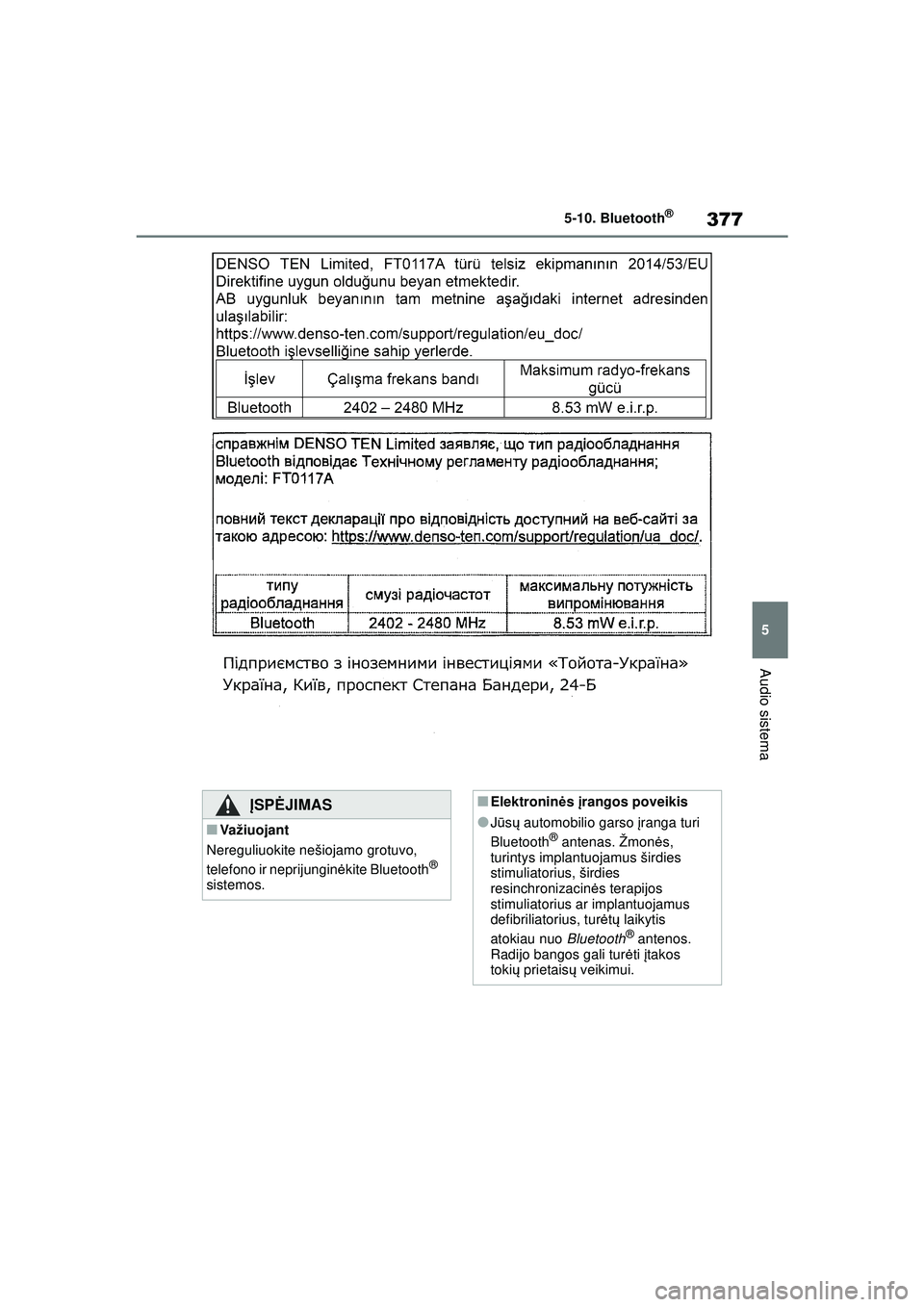 TOYOTA COROLLA 2022  Eksploatavimo vadovas (in Lithuanian) 377
5
5-10. Bluetooth
®
Audio sistema
Į
SP ĖJIMAS
■Važiuojant
Nereguliuokite nešiojamo grotuvo, 
telefono ir neprijunginė kite Bluetooth
® 
sistemos.
■Elektronin ės  įrangos poveikis
●J