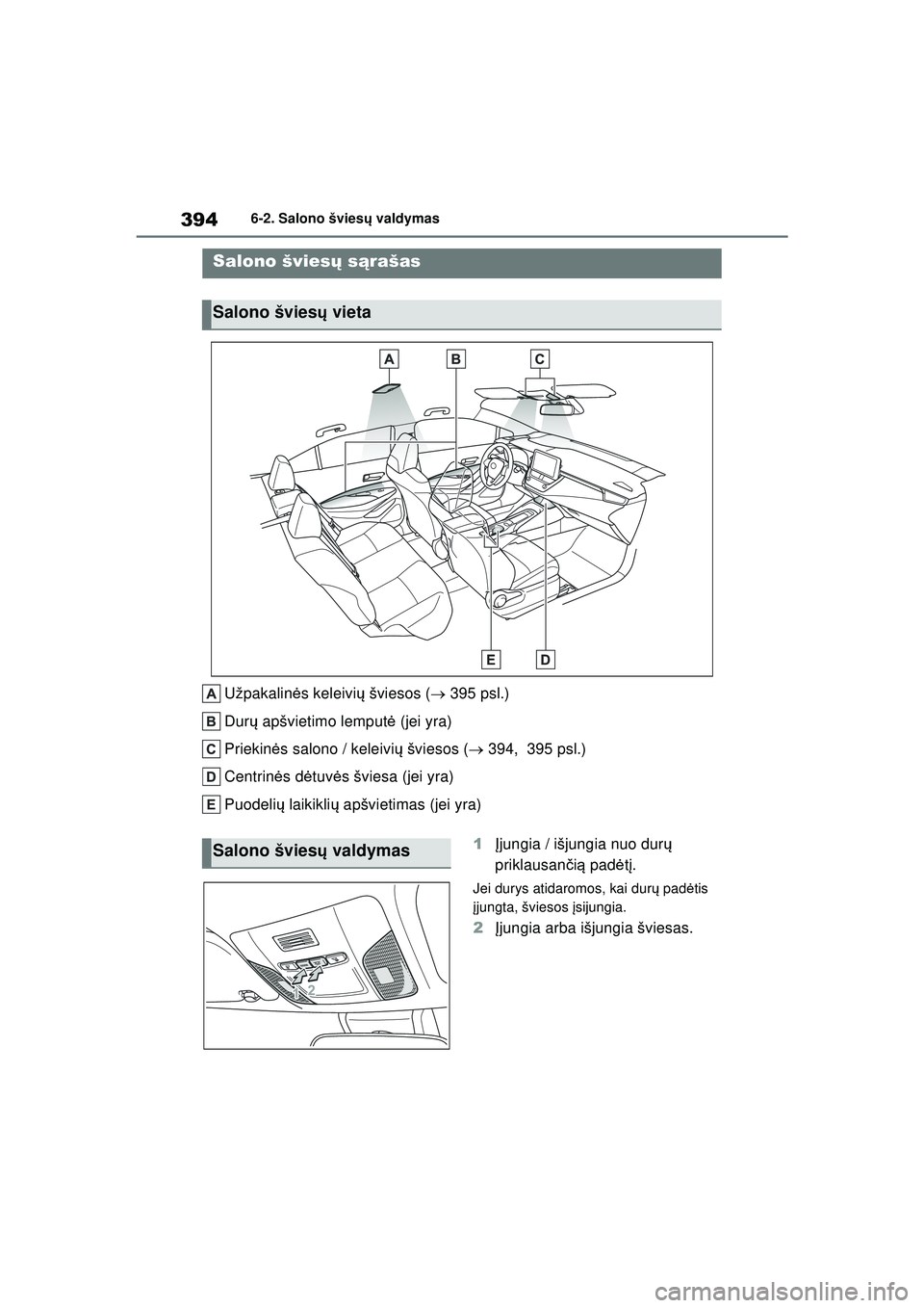 TOYOTA COROLLA 2022  Eksploatavimo vadovas (in Lithuanian) 3946-2. Salono šviesų valdymas
6 -2 .S al ono š v ie s ų valdymas
Užpakalin ės keleivi ų šviesos (  395 psl.)
Dur ų apšvietimo lemput ė (jei yra)
Priekin ės salono / keleivi ų šviesos