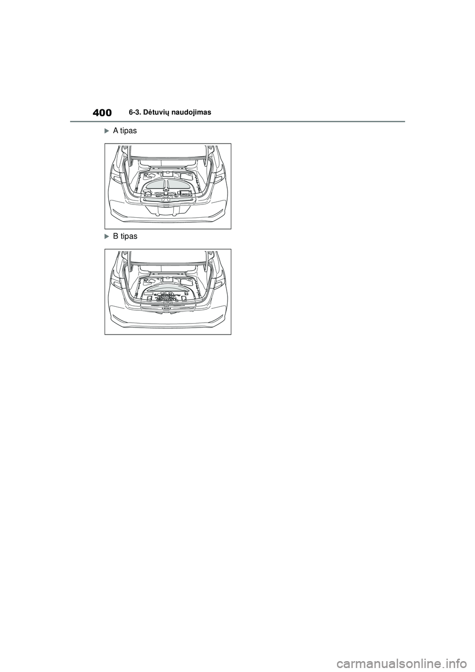 TOYOTA COROLLA 2022  Eksploatavimo vadovas (in Lithuanian) 4006-3. Dėtuvi ų naudojimas
�XA tipas
�XB tipas
COROLLA(TMMT)_OM_Europe_OM12R42LT_1_2201.book  Page 400  Sunday, December 19, 2021  6:56 PM 