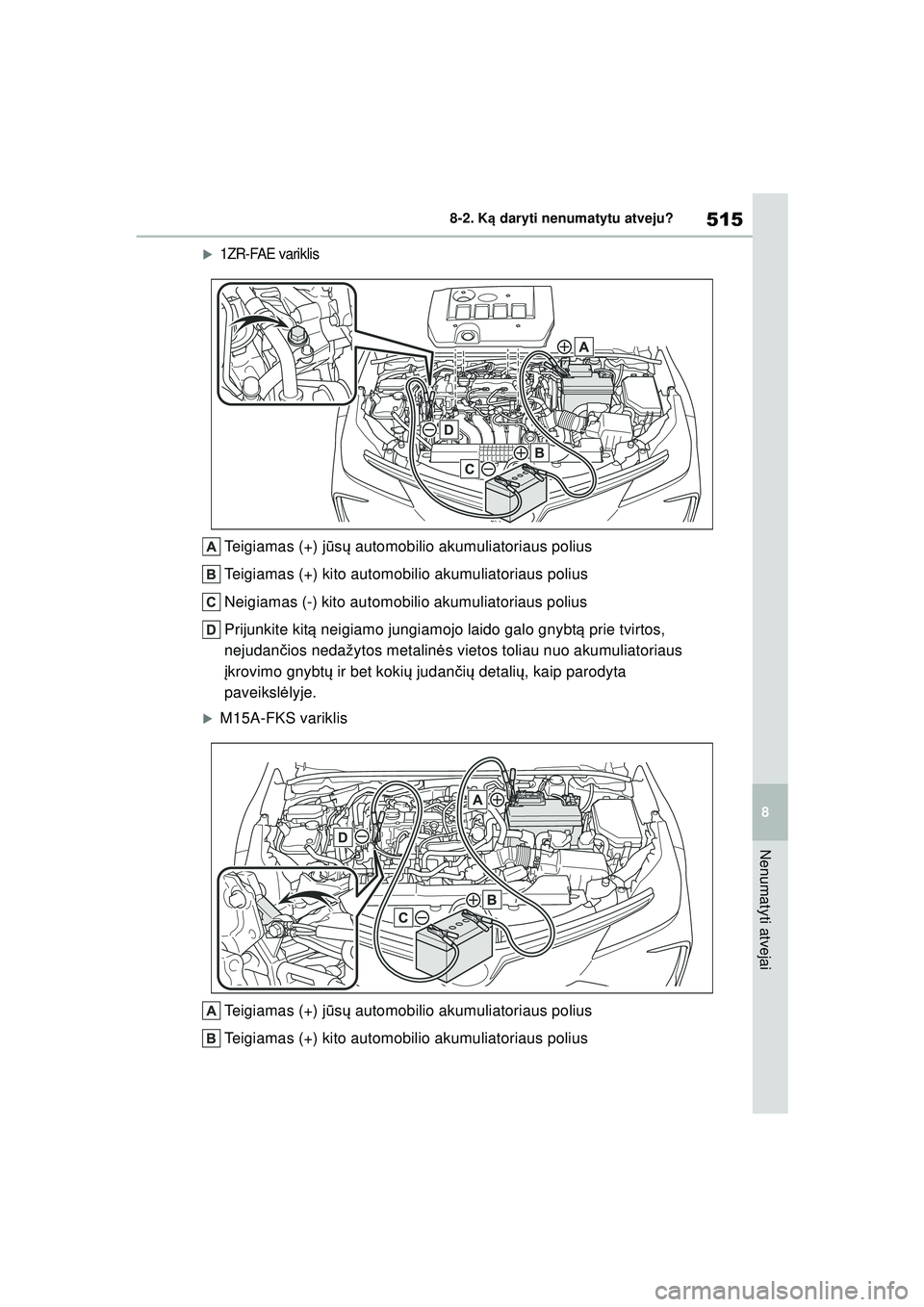 TOYOTA COROLLA 2022  Eksploatavimo vadovas (in Lithuanian) 515
8
8-2. K
ą daryti nenumatytu atveju?
Nenumatyti atvejai
�X1ZR-FAE variklis
Teigiamas (+) j ūsų  automobilio akumuliatoriaus polius
Teigiamas (+) kito automobilio akumuliatoriaus polius
Neigiama