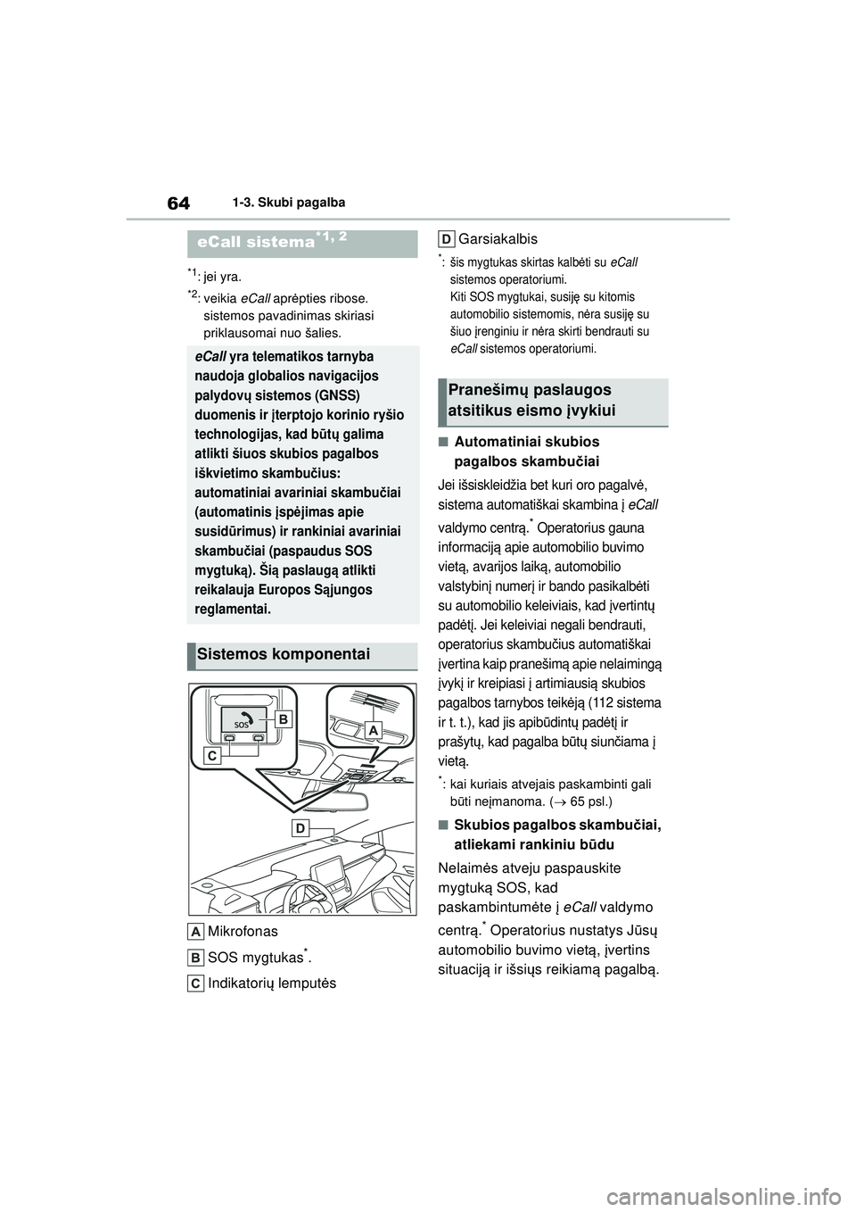 TOYOTA COROLLA 2022 Eksploatavimo vadovas (in Lithuanian) 641-3. Skubi pagalba
1-3.Sku bi pagalba
*1: jei yra.
*2: veikia eCall aprėpties ribose.
sistemos pavadinimas skiriasi
priklausomai nuo šalies.
Mikrofonas
SOS mygtukas
*.
Indikatori ų lemput ės G TOYOTA COROLLA 2022 Eksploatavimo vadovas (in Lithuanian) 641-3. Skubi pagalba
1-3.Sku bi pagalba
*1: jei yra.
*2: veikia eCall aprėpties ribose.
sistemos pavadinimas skiriasi
priklausomai nuo šalies.
Mikrofonas
SOS mygtukas
*.
Indikatori ų lemput ės G