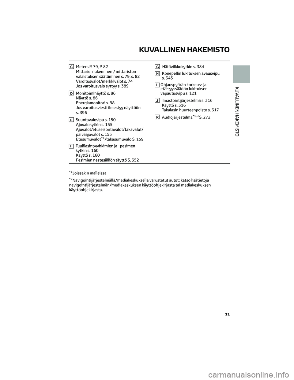 TOYOTA COROLLA 2022  Omistajan Käsikirja (in Finnish) CMeters P. 79, P. 82
Mittarien lukeminen / mittariston
valaistuksen säätäminen s. 79, s. 82
Varoitusvalot/merkkivalot s. 74
Jos varoitusvalo syttyy s. 389
DMonitoiminäyttö s. 86
Näyttö s. 86
En