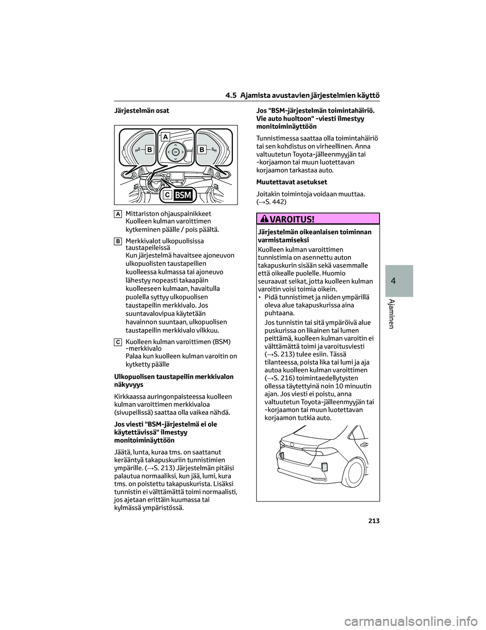 TOYOTA COROLLA 2022 Omistajan Käsikirja (in Finnish) Järjestelmän osat
AMittariston ohjauspainikkeet
Kuolleen kulman varoittimen
kytkeminen päälle / pois päältä.
BMerkkivalot ulkopuolisissa
taustapeileissä
Kun järjestelmä havaitsee ajoneuvon
u TOYOTA COROLLA 2022 Omistajan Käsikirja (in Finnish) Järjestelmän osat
AMittariston ohjauspainikkeet
Kuolleen kulman varoittimen
kytkeminen päälle / pois päältä.
BMerkkivalot ulkopuolisissa
taustapeileissä
Kun järjestelmä havaitsee ajoneuvon
u