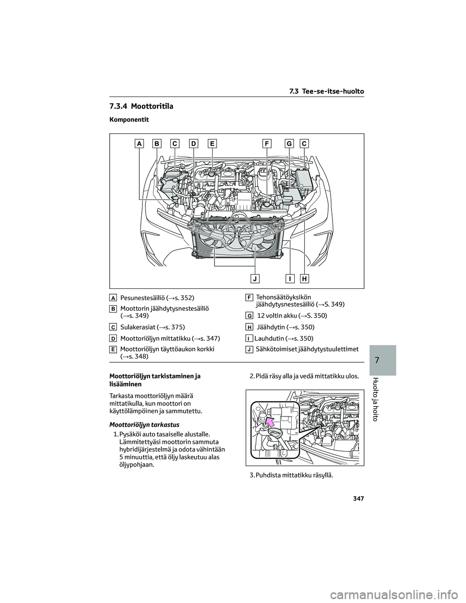 TOYOTA COROLLA 2022  Omistajan Käsikirja (in Finnish) 7.3.4 Moottoritila
Komponentit
APesunestesäiliö (→s. 352)
BMoottorin jäähdytysnestesäiliö
(→s. 349)
CSulakerasiat (→s. 375)
DMoottoriöljyn mittatikku (→s. 347)
EMoottoriöljyn täyttöa