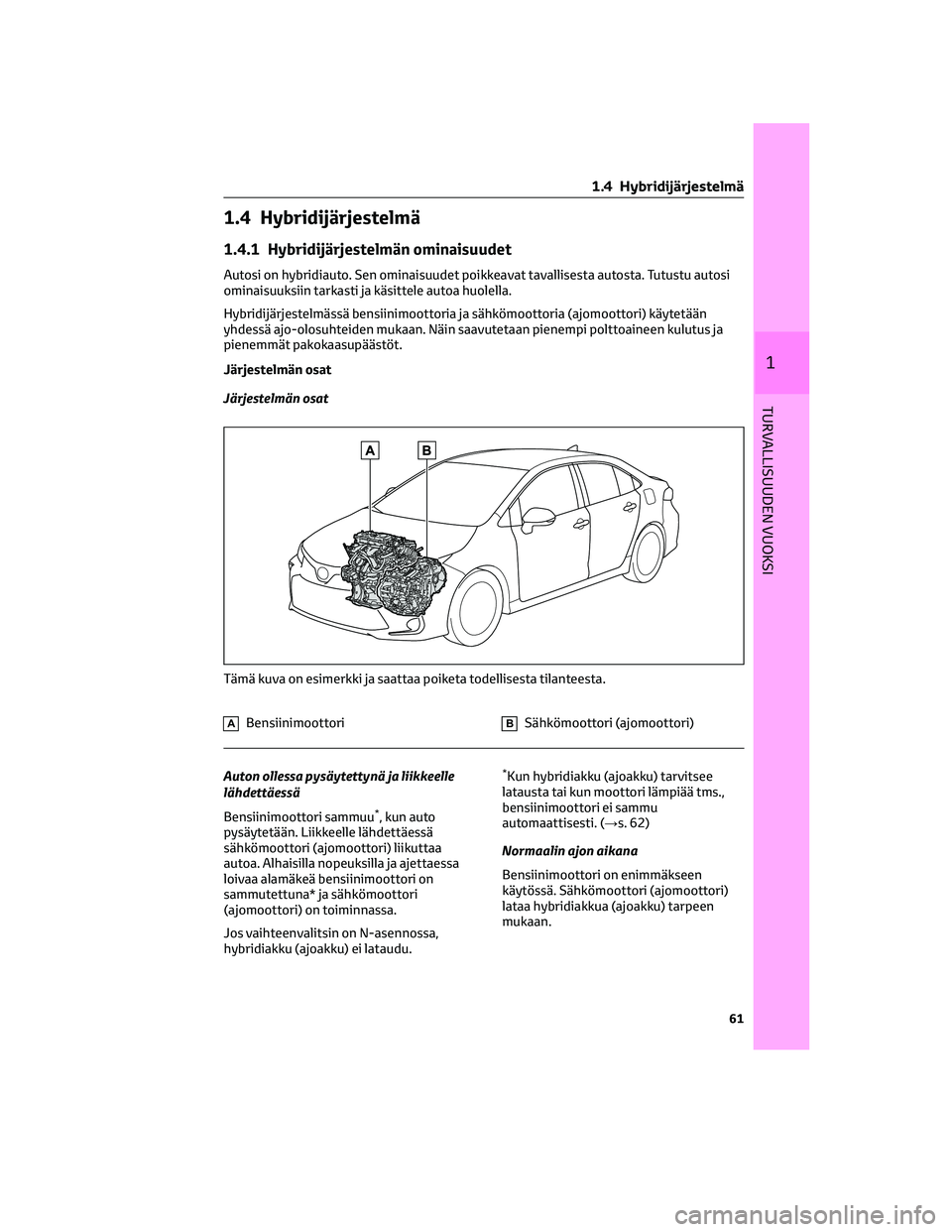 TOYOTA COROLLA 2022 Omistajan Käsikirja (in Finnish) 1.4 Hybridijärjestelmä
1.4.1 Hybridijärjestelmän ominaisuudet
Autosi on hybridiauto. Sen ominaisuudet poikkeavat tavallisesta autosta. Tutustu autosi
ominaisuuksiin tarkasti ja käsittele autoa hu TOYOTA COROLLA 2022 Omistajan Käsikirja (in Finnish) 1.4 Hybridijärjestelmä
1.4.1 Hybridijärjestelmän ominaisuudet
Autosi on hybridiauto. Sen ominaisuudet poikkeavat tavallisesta autosta. Tutustu autosi
ominaisuuksiin tarkasti ja käsittele autoa hu