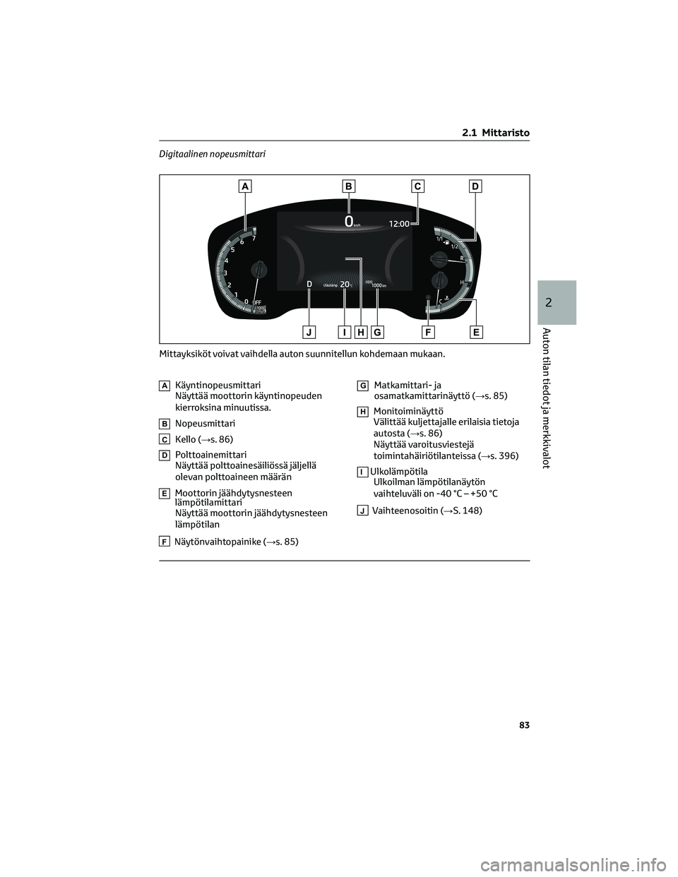 TOYOTA COROLLA 2022 Omistajan Käsikirja (in Finnish) Digitaalinen nopeusmittari
AKäyntinopeusmittari
Näyttää moottorin käyntinopeuden
kierroksina minuutissa.
BNopeusmittari
CKello (→s. 86)
DPolttoainemittari
Näyttää polttoainesäiliössä jäl TOYOTA COROLLA 2022 Omistajan Käsikirja (in Finnish) Digitaalinen nopeusmittari
AKäyntinopeusmittari
Näyttää moottorin käyntinopeuden
kierroksina minuutissa.
BNopeusmittari
CKello (→s. 86)
DPolttoainemittari
Näyttää polttoainesäiliössä jäl