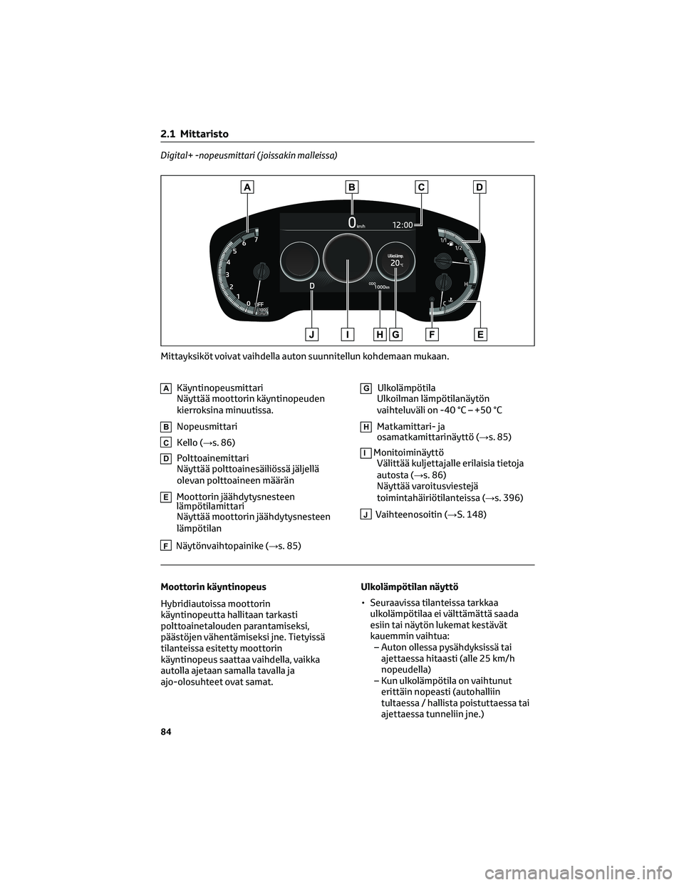 TOYOTA COROLLA 2022 Omistajan Käsikirja (in Finnish) Digital+ -nopeusmittari ( joissakin malleissa)
AKäyntinopeusmittari
Näyttää moottorin käyntinopeuden
kierroksina minuutissa.
BNopeusmittari
CKello (→s. 86)
DPolttoainemittari
Näyttää polttoa TOYOTA COROLLA 2022 Omistajan Käsikirja (in Finnish) Digital+ -nopeusmittari ( joissakin malleissa)
AKäyntinopeusmittari
Näyttää moottorin käyntinopeuden
kierroksina minuutissa.
BNopeusmittari
CKello (→s. 86)
DPolttoainemittari
Näyttää polttoa