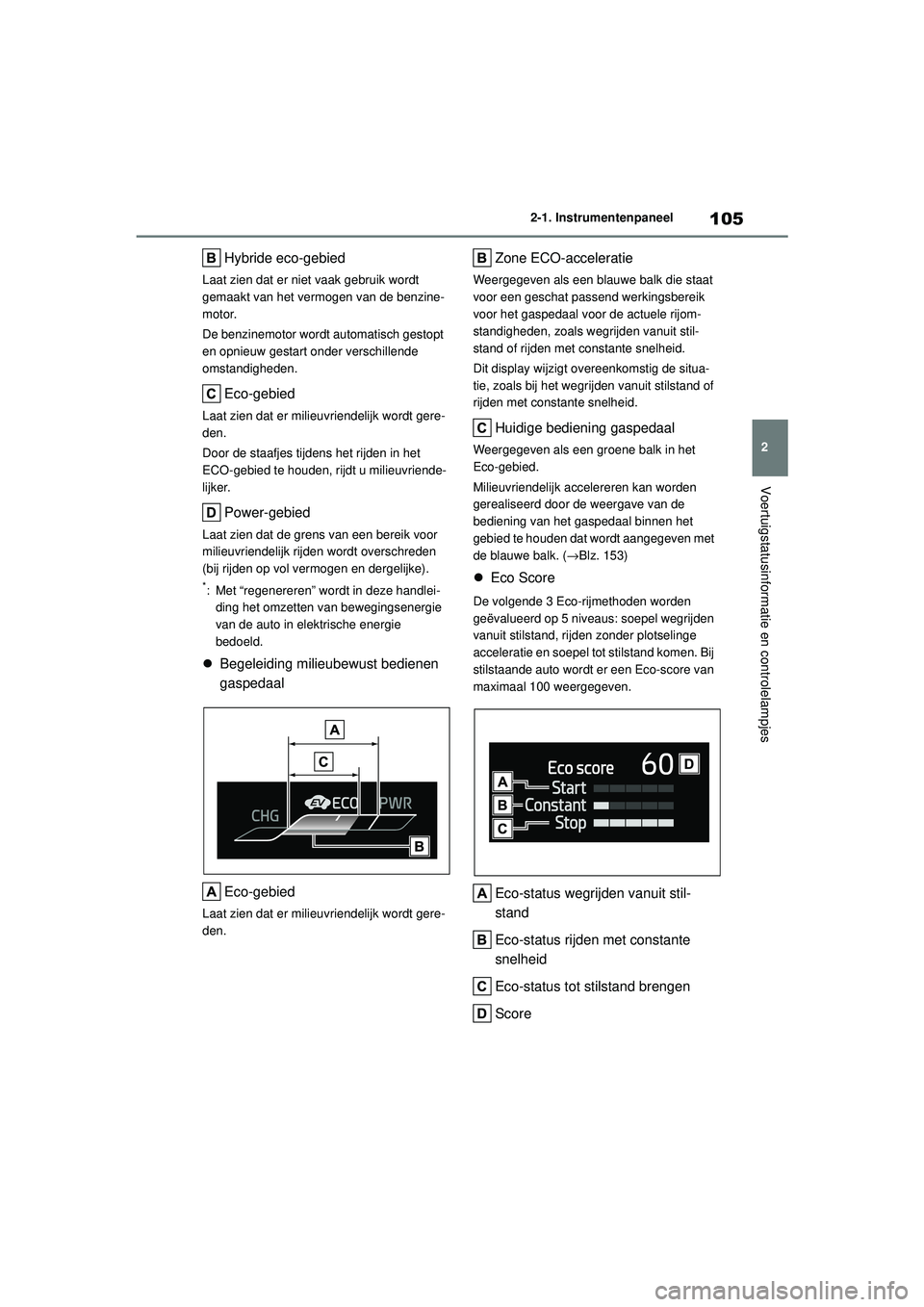 TOYOTA COROLLA 2022  Instructieboekje (in Dutch) 105
2
2-1. Instrumentenpaneel
Voertuigstatusinformatie en controlelampjes
Hybride eco-gebied
Laat zien dat er niet vaak gebruik wordt 
gemaakt van het vermogen van de benzine-
motor.
De benzinemotor w