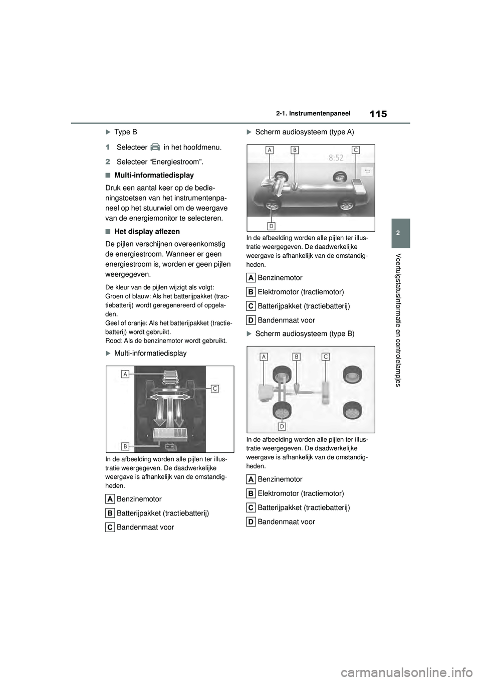 TOYOTA COROLLA 2022  Instructieboekje (in Dutch) 115
2
2-1. Instrumentenpaneel
Voertuigstatusinformatie en controlelampjes
Type B
1 Selecteer   in het hoofdmenu.
2 Selecteer “Energiestroom”.
�QMulti-informatiedisplay
Druk een aantal keer op d