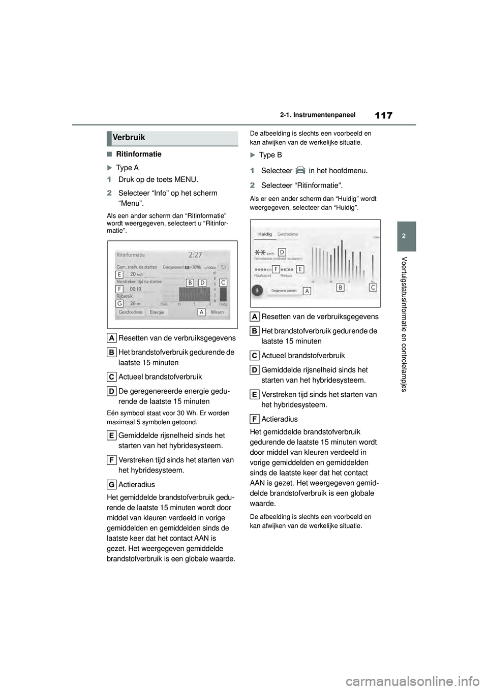 TOYOTA COROLLA 2022  Instructieboekje (in Dutch) 117
2
2-1. Instrumentenpaneel
Voertuigstatusinformatie en controlelampjes
�QRitinformatie
Type A
1 Druk op de toets MENU.
2 Selecteer “Info” op het scherm 
“Menu”.
Als een ander scherm dan 