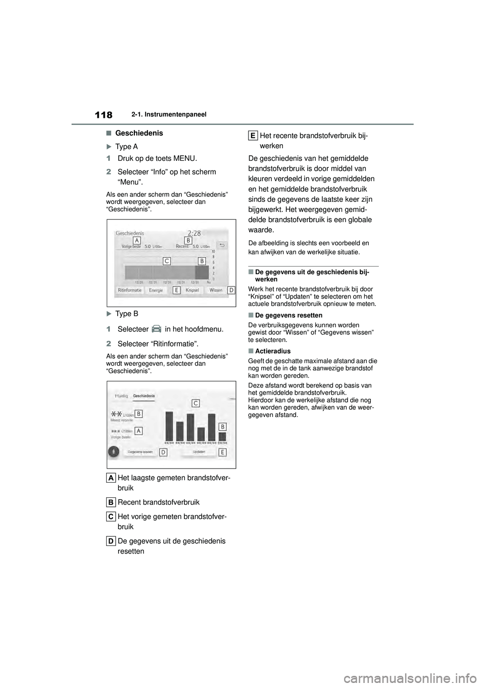 TOYOTA COROLLA 2022  Instructieboekje (in Dutch) 1182-1. Instrumentenpaneel
�QGeschiedenis
Type A
1 Druk op de toets MENU.
2 Selecteer “Info” op het scherm 
“Menu”.
Als een ander scherm dan “Geschiedenis” 
wordt weergegeven, selecteer
