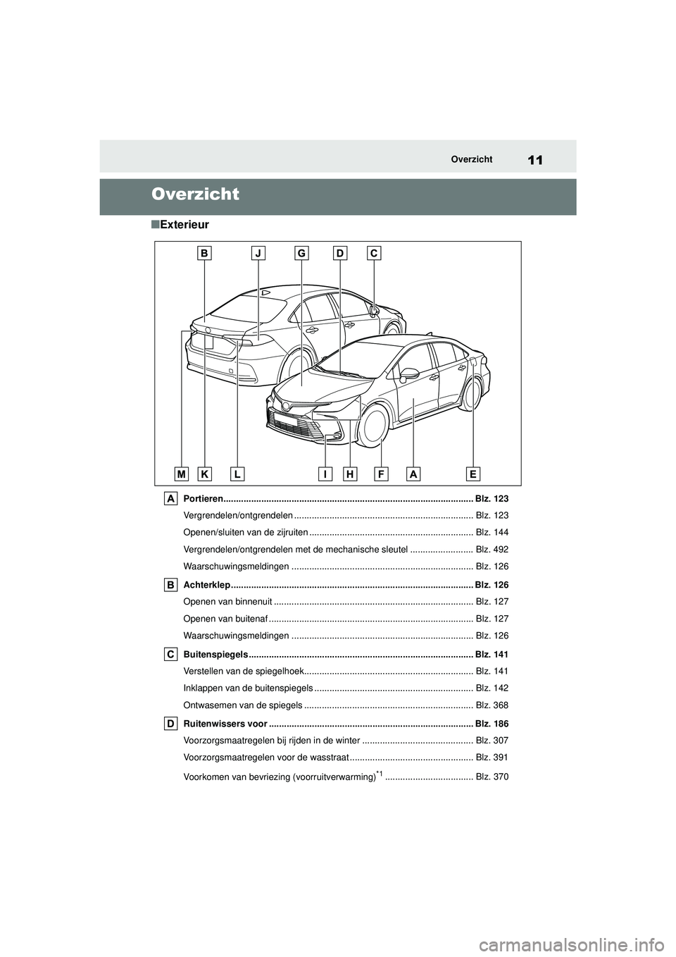 TOYOTA COROLLA 2022  Instructieboekje (in Dutch) 11Overzicht
Overzicht
�QExterieur
Portieren................................................................................................... Blz. 123
Vergrendelen/ontgrendelen ......................