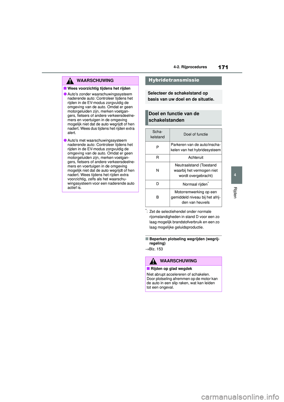 TOYOTA COROLLA 2022  Instructieboekje (in Dutch) 171
4
4-2. Rijprocedures
Rijden
*: Zet de selectiehendel onder normale 
rijomstandigheden in stand D voor een zo 
laag mogelijk brandstofverbruik en een zo 
laag mogelijke  geluidsproductie.
�QBeperke