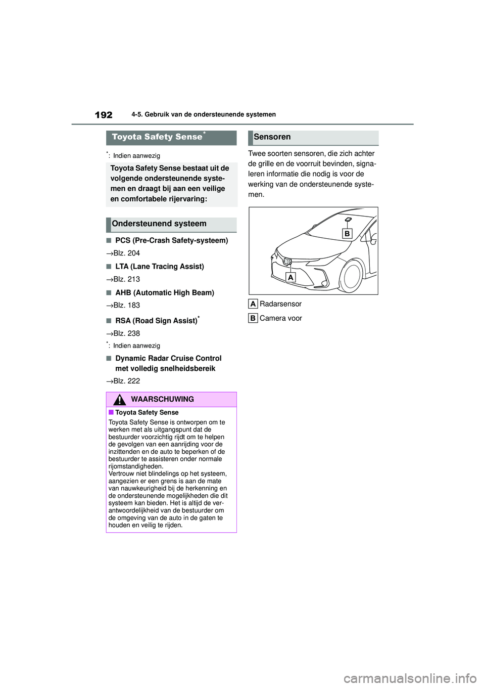 TOYOTA COROLLA 2022  Instructieboekje (in Dutch) 1924-5. Gebruik van de ondersteunende systemen
4-5.Gebruik van de ondersteunende systemen
*: Indien aanwezig
�QPCS (Pre-Crash Safety-systeem)
→Blz. 204
�QLTA (Lane Tracing Assist)
→Blz. 213
�QAHB 