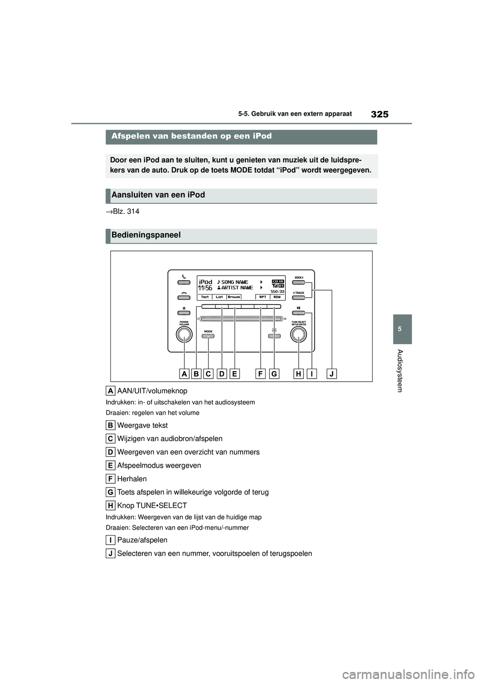 TOYOTA COROLLA 2022  Instructieboekje (in Dutch) 325
5
5-5. Gebruik van een extern apparaat
Audiosysteem
5-5.Gebruik van een extern apparaat
→Blz. 314
AAN/UIT/volumeknop
Indrukken: in- of uitschakelen van het audiosysteem
Draaien: regelen van het 