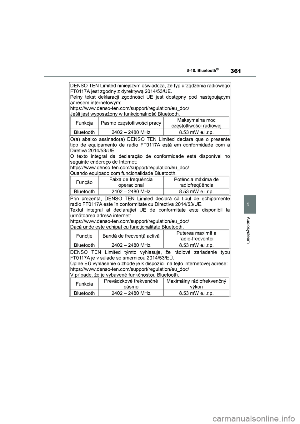 TOYOTA COROLLA 2022  Instructieboekje (in Dutch) 361
5
5-10. Bluetooth
®
Audiosysteem
COROLLA-HYBRID(TMMT)_OM_Europe_OM12R51E_1_2201.book 
 Page 361  Monday, October 11, 2021  11:32 AM 