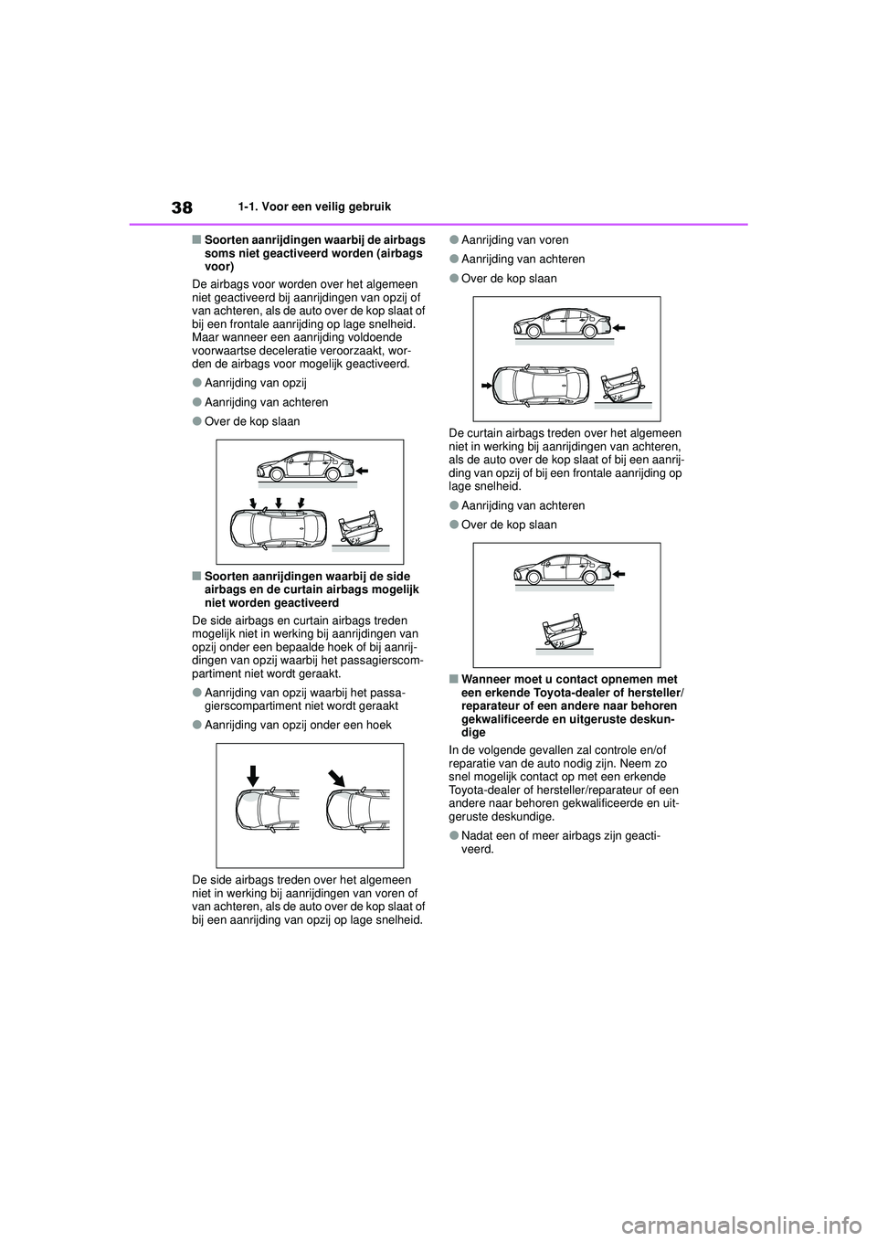 TOYOTA COROLLA 2022  Instructieboekje (in Dutch) 381-1. Voor een veilig gebruik
�QSoorten aanrijdingen waarbij de airbags 
soms niet geactiveerd worden (airbags 
voor)
De airbags voor worden over het algemeen 
niet geactiveerd bij aanrijdingen van o