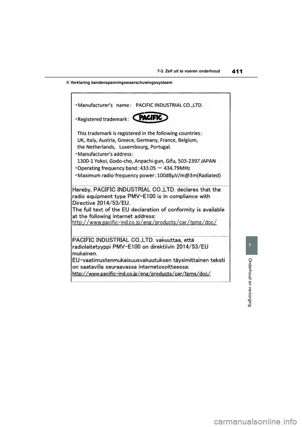 TOYOTA COROLLA 2022  Instructieboekje (in Dutch) 411
7
7-3. Zelf uit te voeren onderhoud
Onderhoud en verzorging
�QVerklaring bandenspanningswaarschuwingssysteem
COROLLA-HYBRID(TMMT)_OM_Europe_OM12R51E_1_2201.book 
 Page 411  Monday, October 11, 202