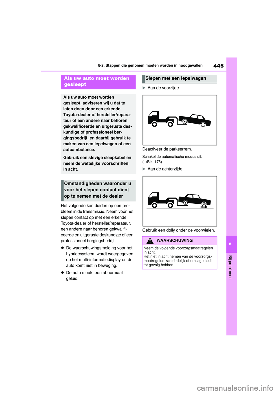 TOYOTA COROLLA 2022  Instructieboekje (in Dutch) 445
8
8-2. Stappen die genomen moeten worden in noodgevallen
Bij problemen
8-2.Stappen die genomen moeten worden in noodgevallen
Het volgende kan duiden op een pro-
bleem in de transmissie. Neem vóó