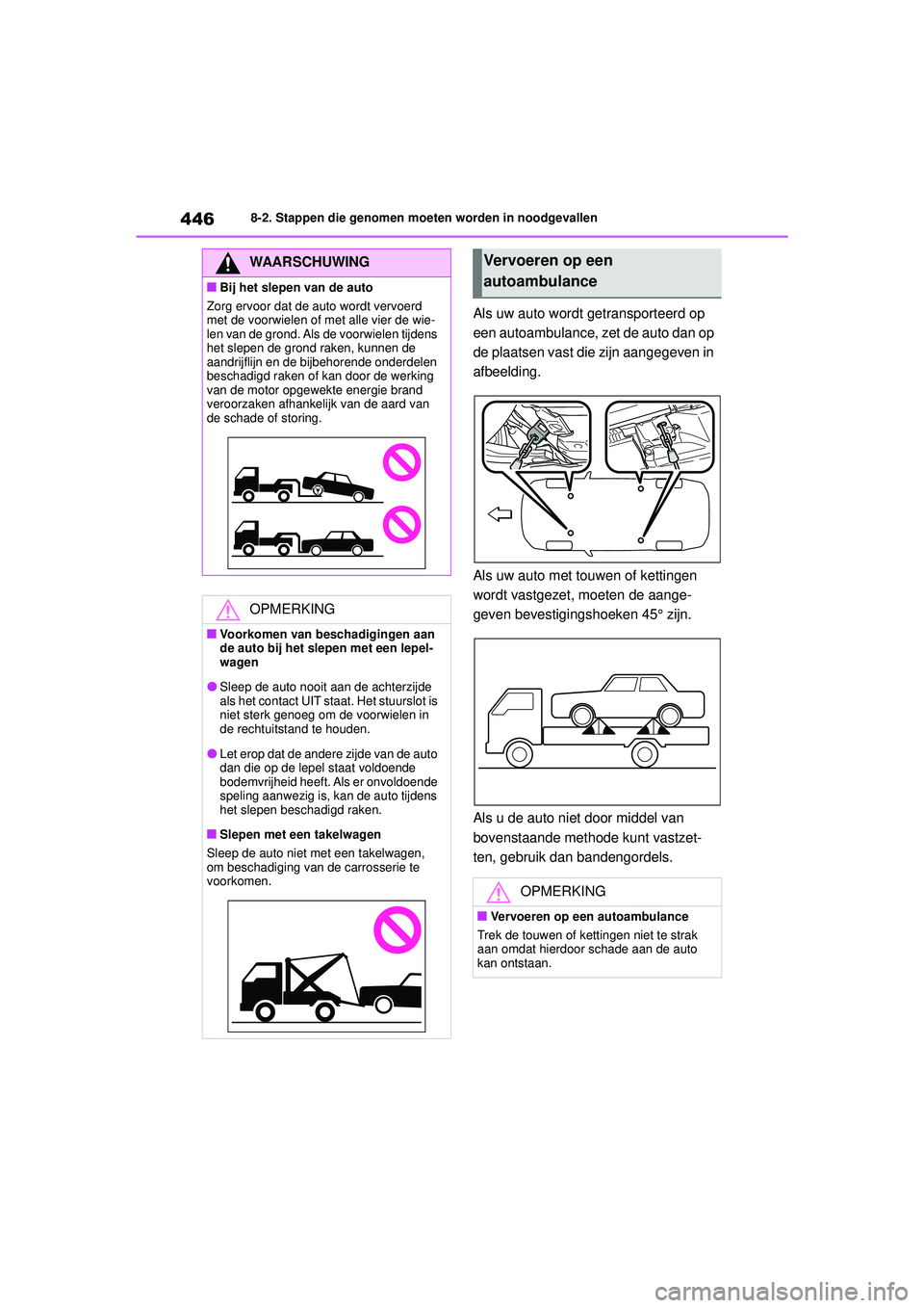 TOYOTA COROLLA 2022  Instructieboekje (in Dutch) 4468-2. Stappen die genomen moeten worden in noodgevallen
Als uw auto wordt getransporteerd op 
een autoambulance, zet de auto dan op 
de plaatsen vast die zijn aangegeven in 
afbeelding.
Als uw auto 