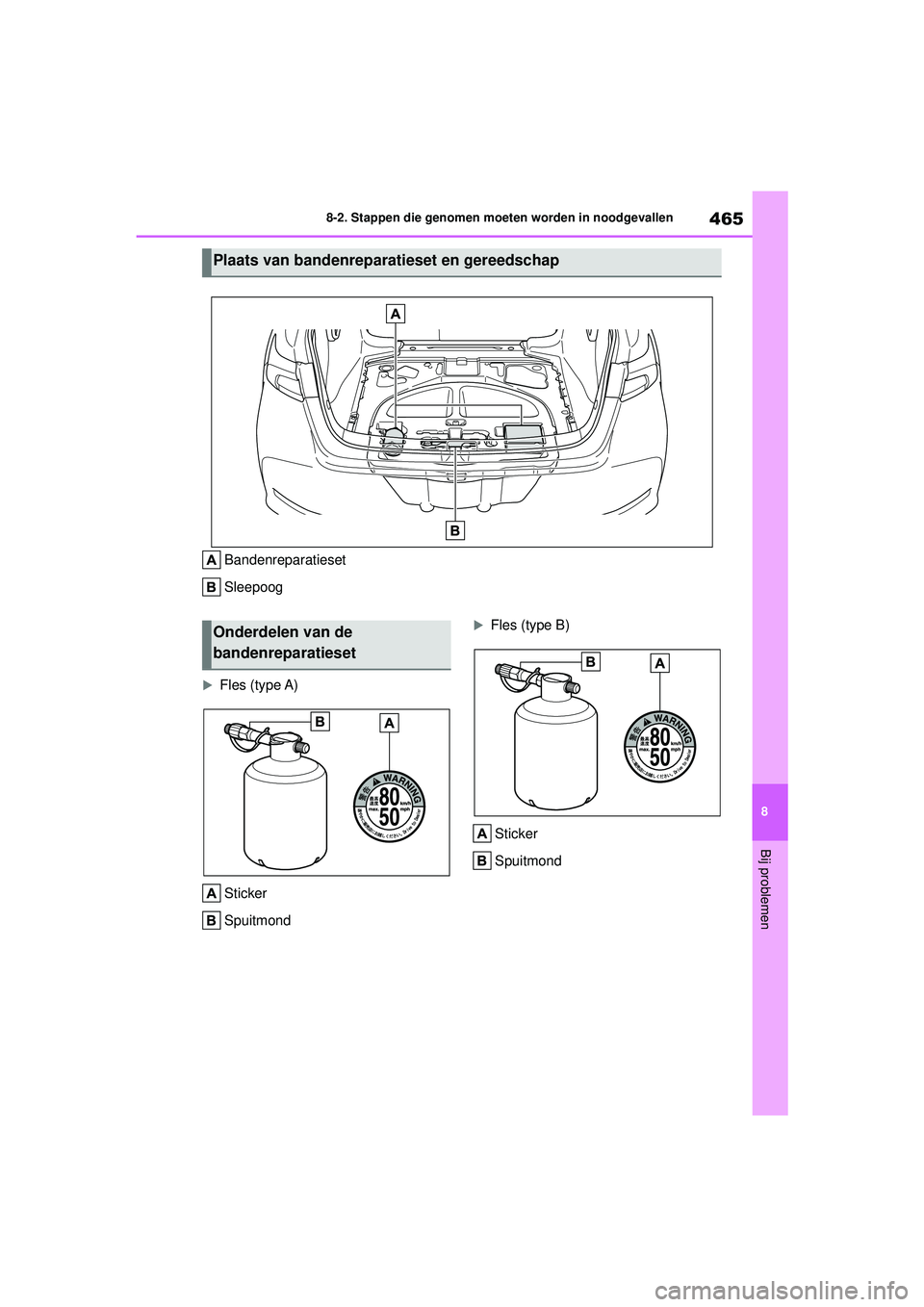 TOYOTA COROLLA 2022  Instructieboekje (in Dutch) 465
8
8-2. Stappen die genomen moeten worden in noodgevallen
Bij problemen
Bandenreparatieset
Sleepoog
Fles (type A)
Sticker
Spuitmond
Fles (type B)Sticker
Spuitmond
Plaats van bandenreparatiese