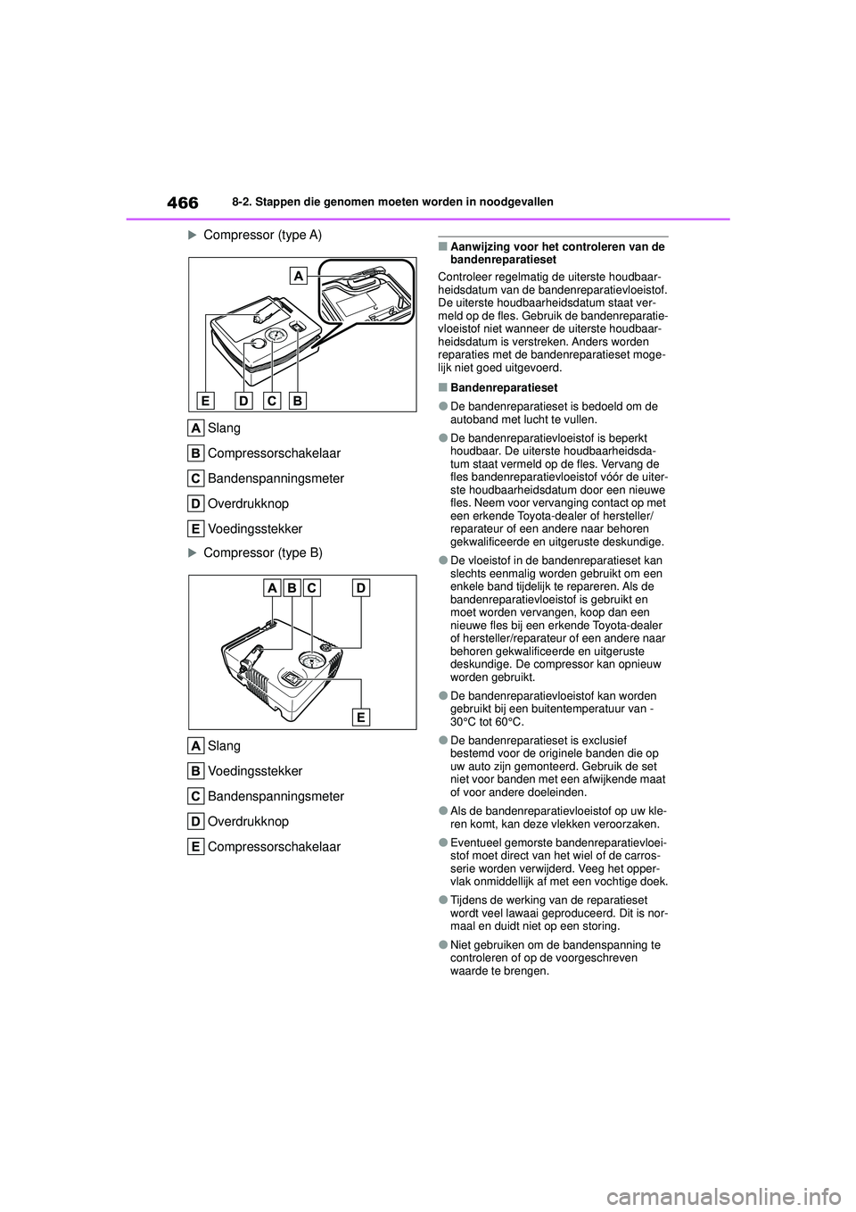 TOYOTA COROLLA 2022  Instructieboekje (in Dutch) 4668-2. Stappen die genomen moeten worden in noodgevallen

Compressor (type A)
Slang
Compressorschakelaar
Bandenspanningsmeter
Overdrukknop
Voedingsstekker
Compressor (type B)Slang
Voedingsstekk