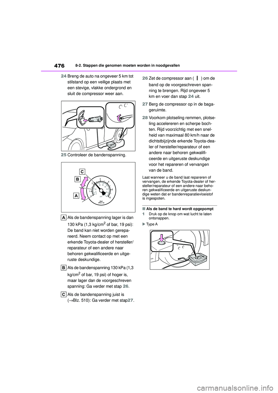 TOYOTA COROLLA 2022 Instructieboekje (in Dutch) 4768-2. Stappen die genomen moeten worden in noodgevallen
24Breng de auto na ongeveer 5 km tot
stilstand op een veilige plaats met
een stevige, vlakke ondergrond en
sluit de compressor weer aan.
25 TOYOTA COROLLA 2022 Instructieboekje (in Dutch) 4768-2. Stappen die genomen moeten worden in noodgevallen
24Breng de auto na ongeveer 5 km tot
stilstand op een veilige plaats met
een stevige, vlakke ondergrond en
sluit de compressor weer aan.
25